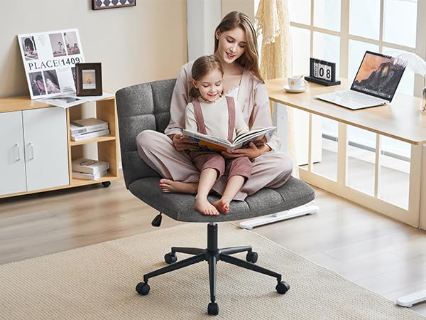 Furnimart Swivel Criss Cross Legged Office Chair with Wheels - Height Adjustable Armless Desk Chair for Home Office, Bedroom & Vanity - Comfortable Ergonomic Seat for Working, Studying & Relaxing - Grey Modern Design