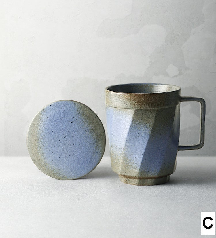 Handmade Ceramic Coffee Mug Set - Large Modern Pottery Tea Cup with Lid, Unique Brown Green Blue Black Colors, Perfect for Home Office & Gifts