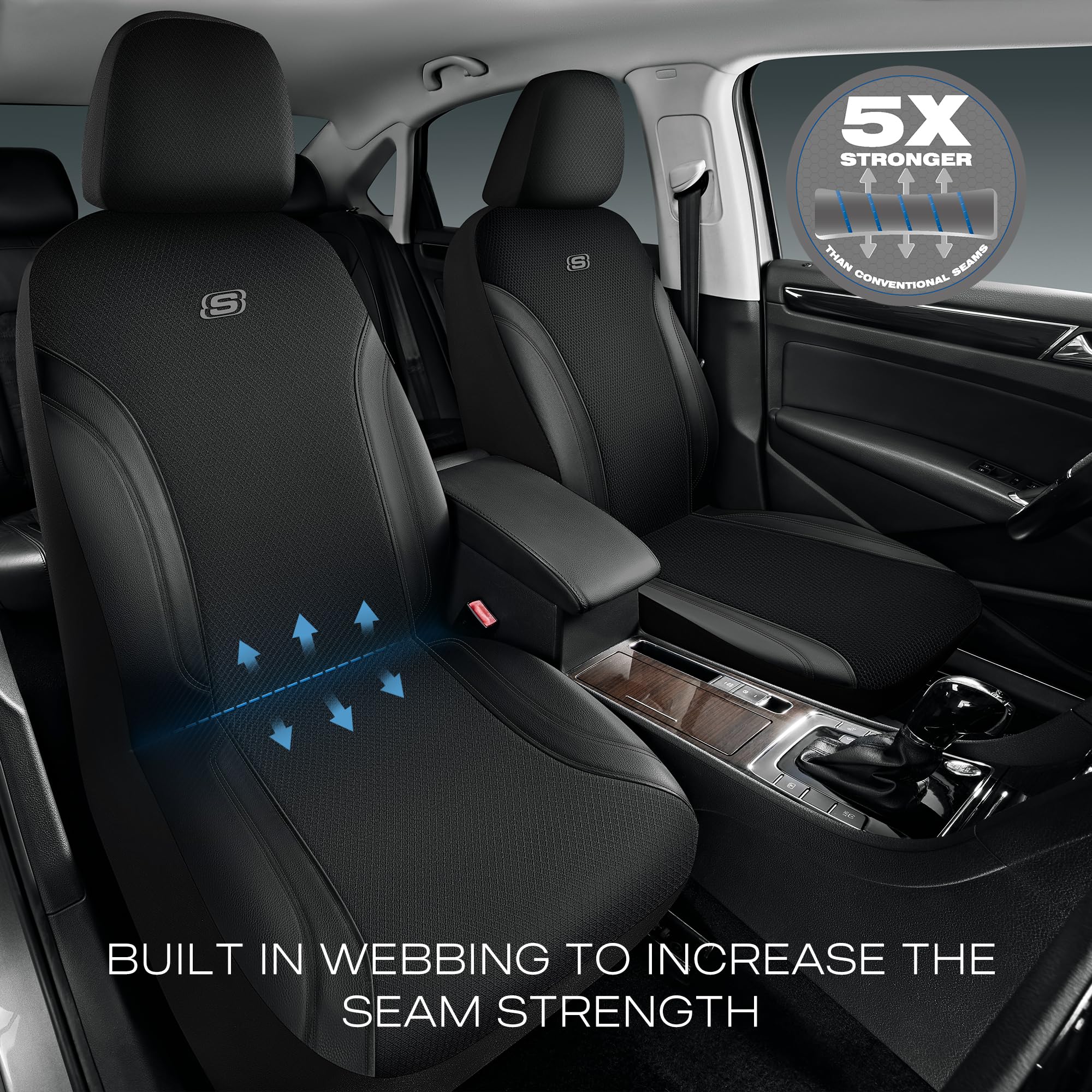 Skechers Work Car Seat Covers - Premium Leather & Oxford Fabric Auto Seat Protectors (Black Full Set) | 5X Stronger Webbing, Airbag Safe | Universal Fit for Cars, Trucks & SUVs | Perfect for Work Commutes, Road Trips & Family Protection