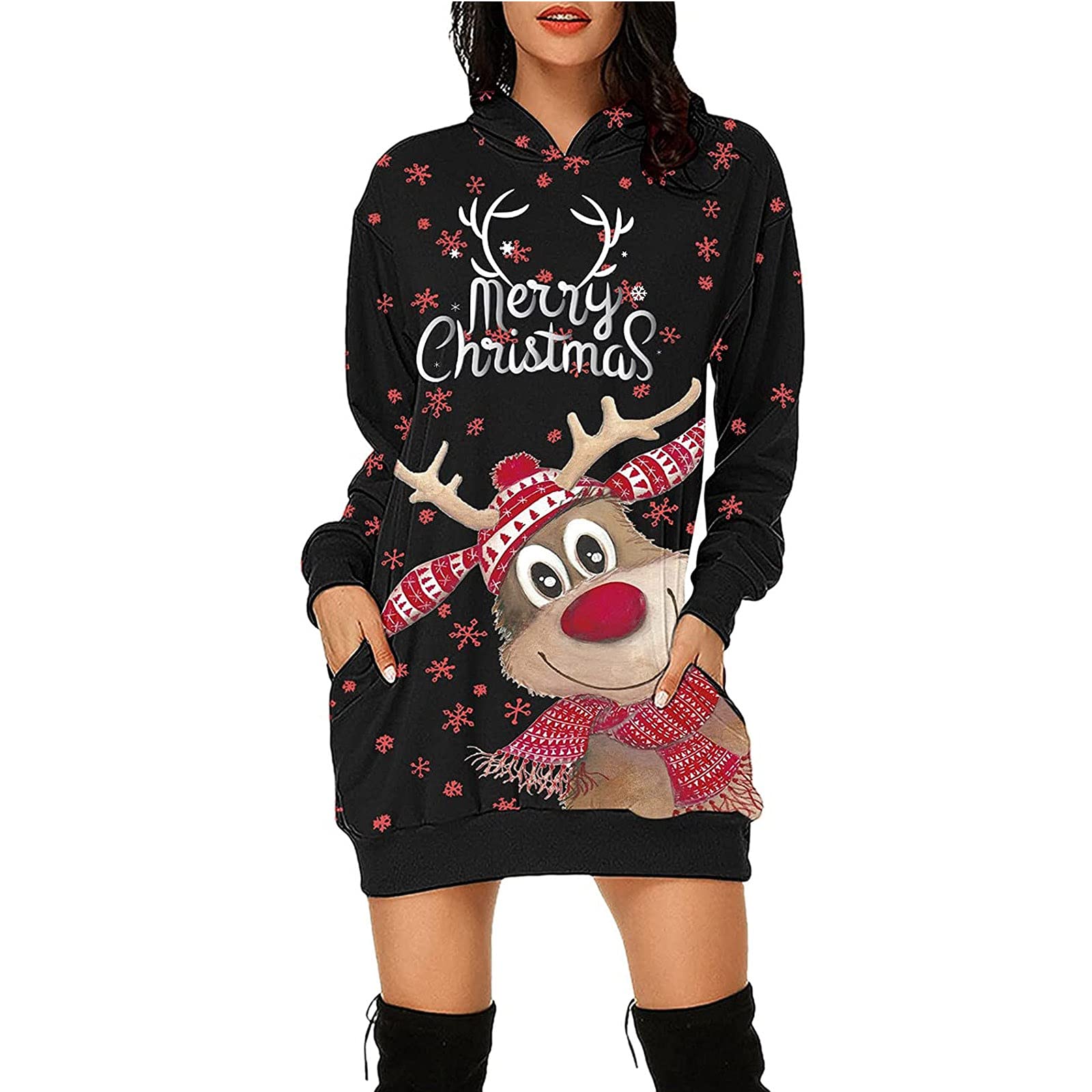 **Jsarle Plus Size Hoodie Dress - Oversized Long Sleeve Christmas Print Pullover Sweatshirt Dress with Pockets | Casual Mini Dress for Women | Holiday Outfit, Lounge Wear, Street Fashion**