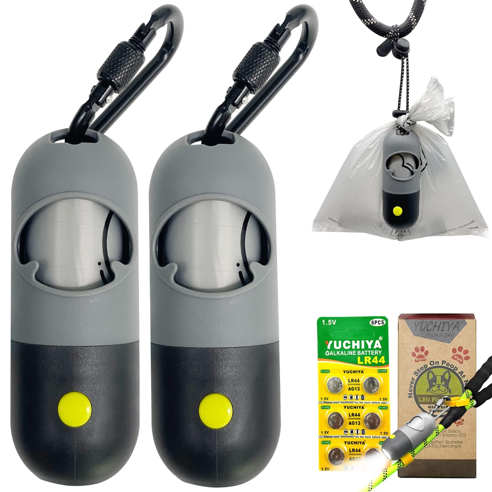 LED Flashlight Dog Poop Bag Holder with Leak-Proof Waste Bags | Portable Pet Waste Dispenser for Leash | Grey & Black Doggie Potty Accessories (2 Holders + 30 Bags) - Perfect for Night Walks, Park Visits & Outdoor Adventures