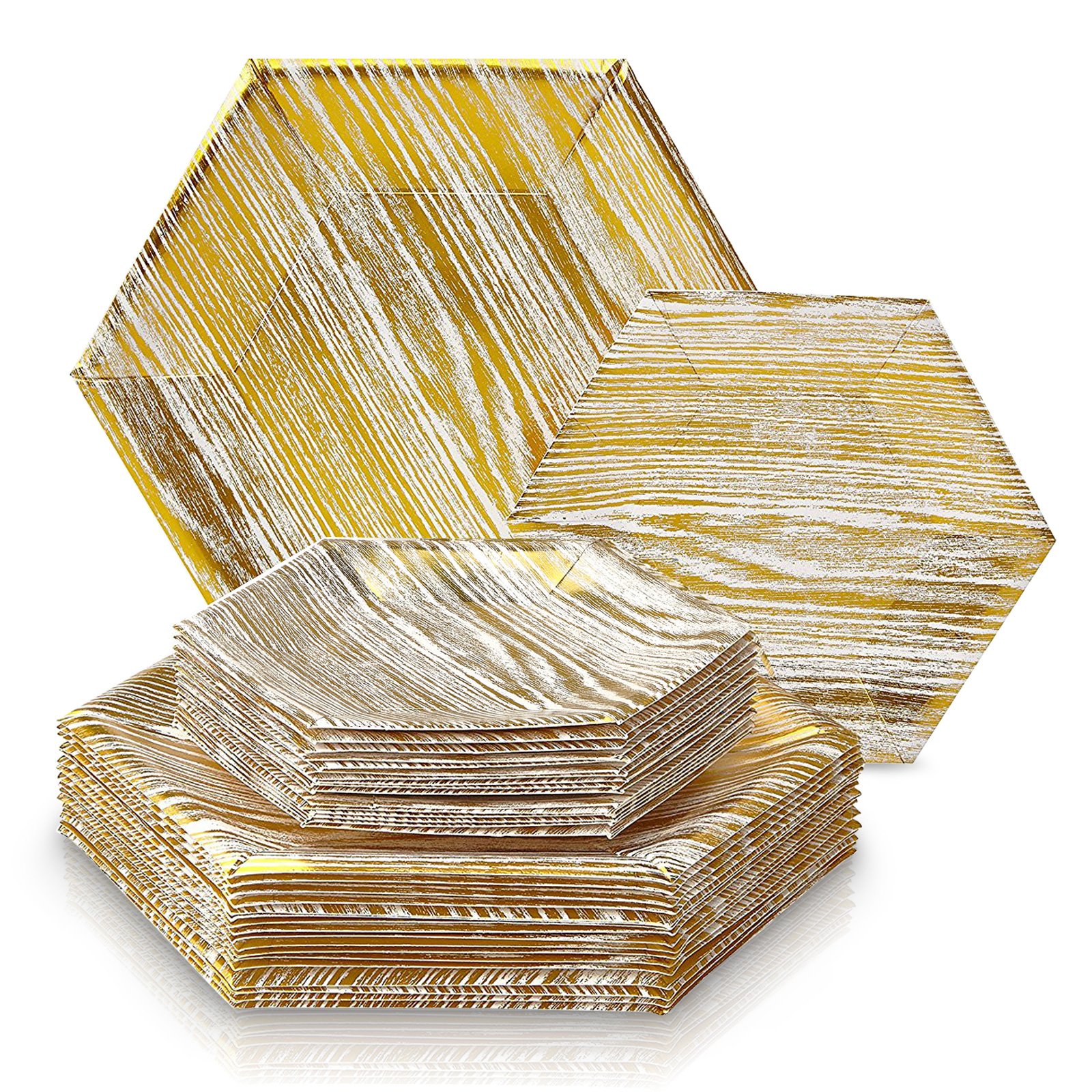 432-Piece Premium Disposable Dinnerware Set - 216 Heavy Duty Hexagon Wood Design Dinner Plates & 216 Salad/Dessert Plates - Elegant White & Gold Wood Collection for Weddings, Parties, Catering & Upscale Events