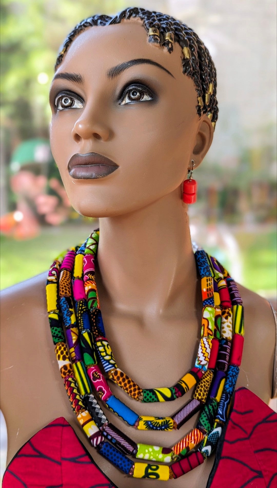 Dupsie's Nhyira Multicolor African Print Ankara 4-Step Necklace DPJFSAPN3 - Stylish Beaded Statement Jewelry for Women, Perfect for Parties, Weddings & Cultural Events