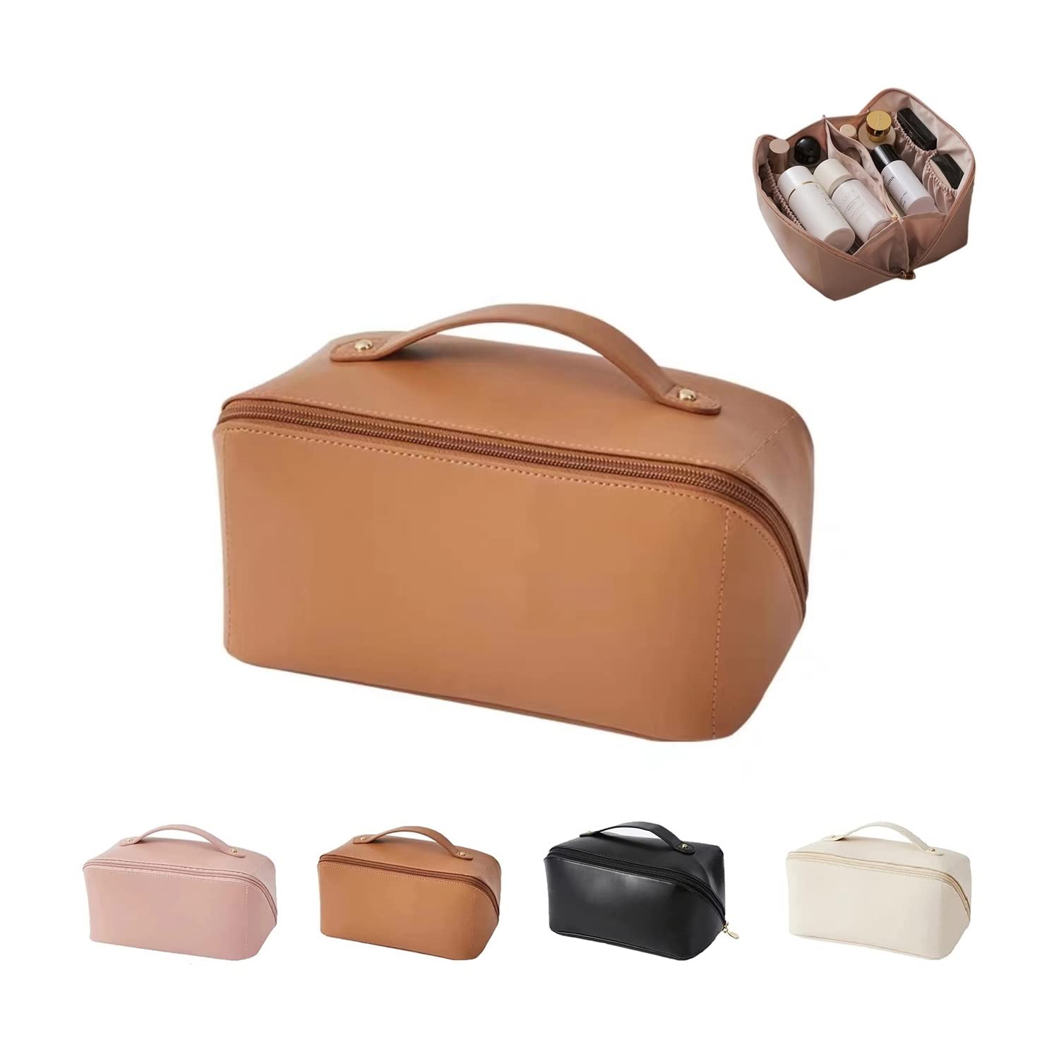 2022 Premium Large-Capacity Leather Makeup Travel Bag - Waterproof Cosmetic Organizer with Handle & Multiple Compartments for Skincare, Cosmetics & Toiletries - Perfect for Travel, Gym & Daily Use (B-Brown)