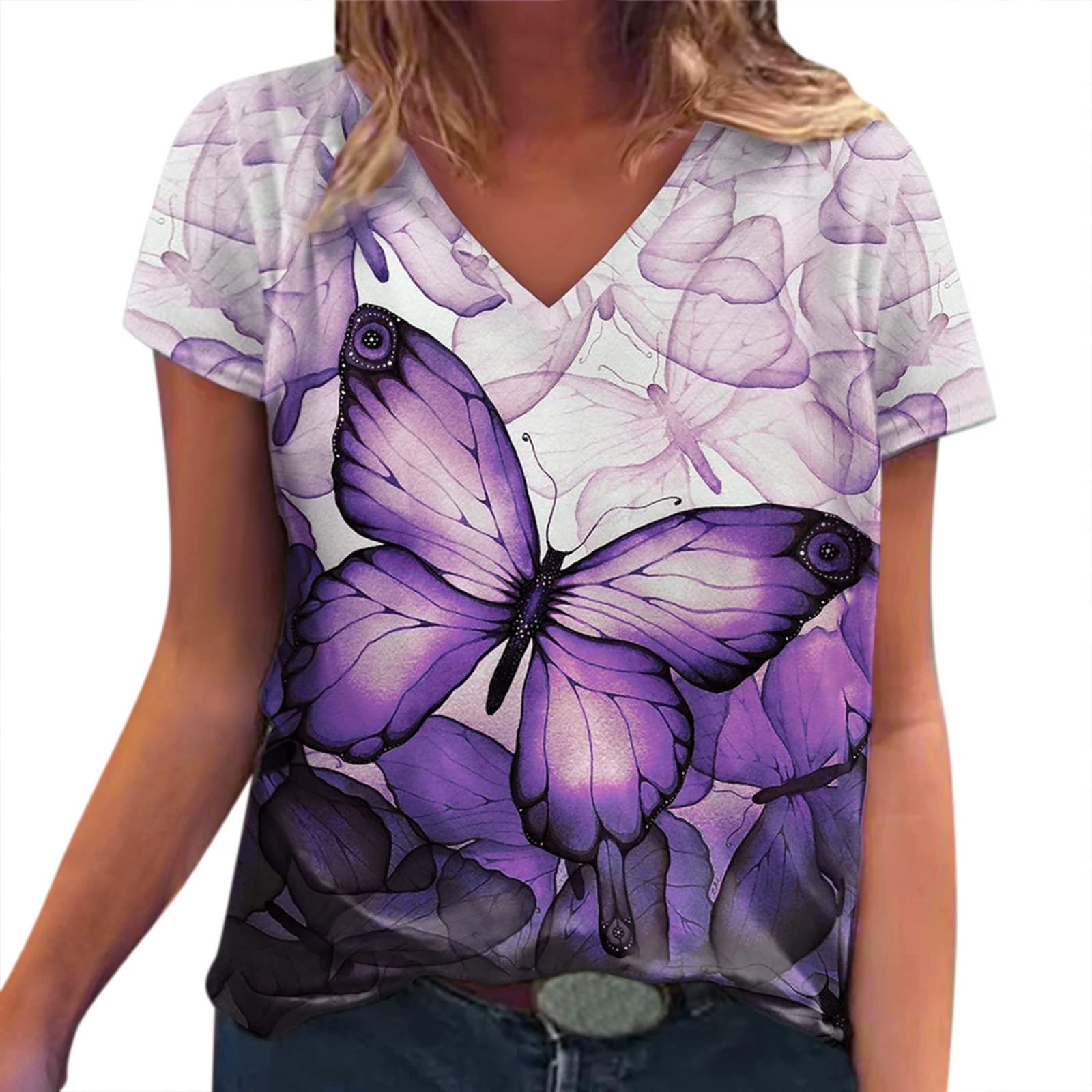 Women's Fashion Printed V-Neck Short Sleeve Tops - Loose Layering Tees for Casual Wear, Summer Outfits & Everyday Comfort