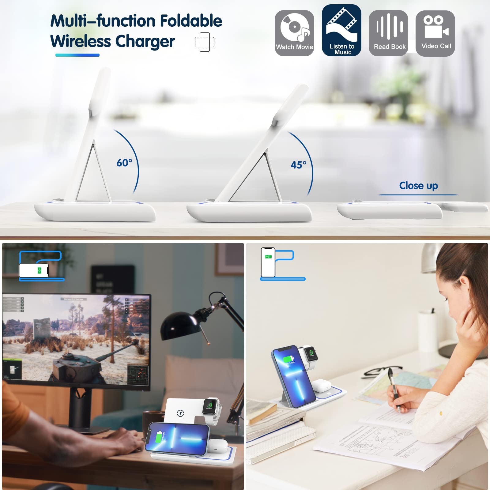 3-in-1 Fast Wireless Charging Station for iPhone 13/12/11/Pro/X/SE/8 Plus & Apple Watch Series 6/5/4/3/2 & AirPods - 18W Qi-Certified Charger Stand Dock | Perfect for Bedside, Office Desk, and Travel Charging