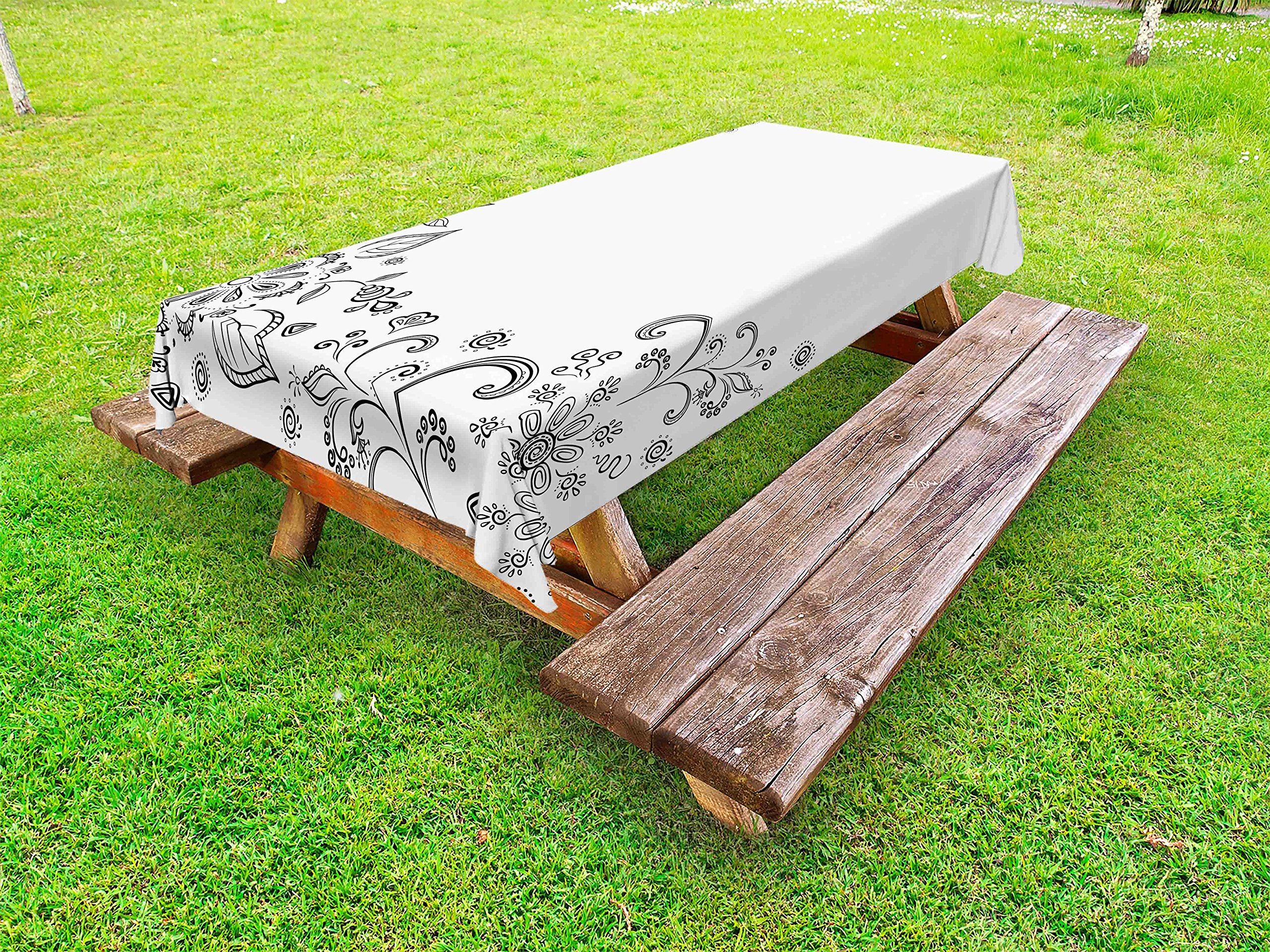 Ambesonne Black and White Floral Tablecloth - Monochrome Botanical Leaves Design, Washable Picnic Table Cover 58x120 Inches - Perfect for Outdoor Dining, Garden Parties, and Picnics