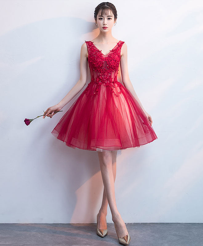 Elegant Burgundy V-Neck Tulle Lace Short Prom Dress | Homecoming Party Gown | Perfect for Dances, Formals & Special Occasions