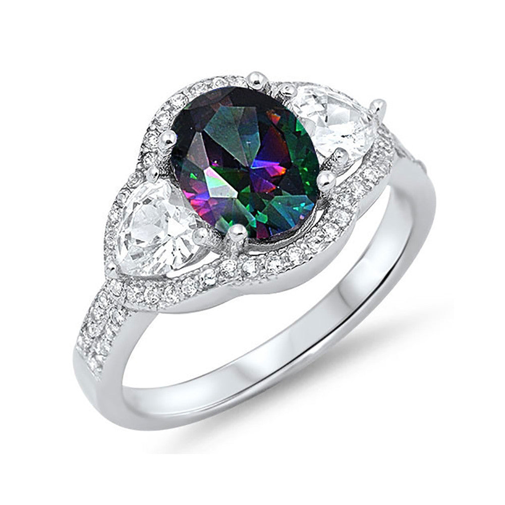 3 Stone Wedding Engagement Ring - Halo Oval Heart Round Cubic Zirconia 925 Sterling Silver (Choose Color) | Perfect for Proposals, Anniversaries & Special Occasions