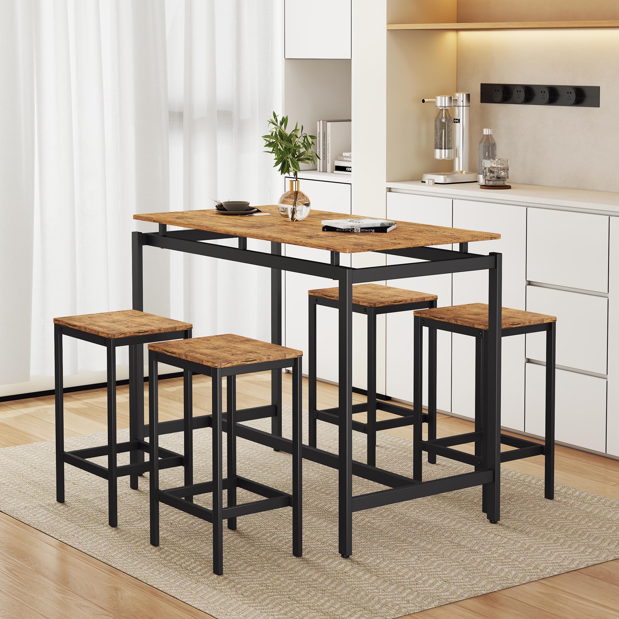 Modern 5-Piece Counter Height Pub Table Set with 4 Chairs, Brown - Perfect for Bars, Breakfast Nooks, Kitchens, and Small Dining Spaces