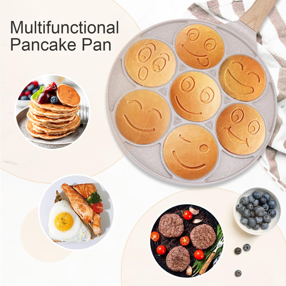 10 Inch Smiley Face Pancake Pan - Nonstick Mini Pancake Maker with 7-Cup Mold, Silver Dollar & Blini Pan, PFOA-Free Breakfast Griddle for Kids & Family - Perfect for Birthday Parties, Weekend Brunches & Fun Breakfasts (White)