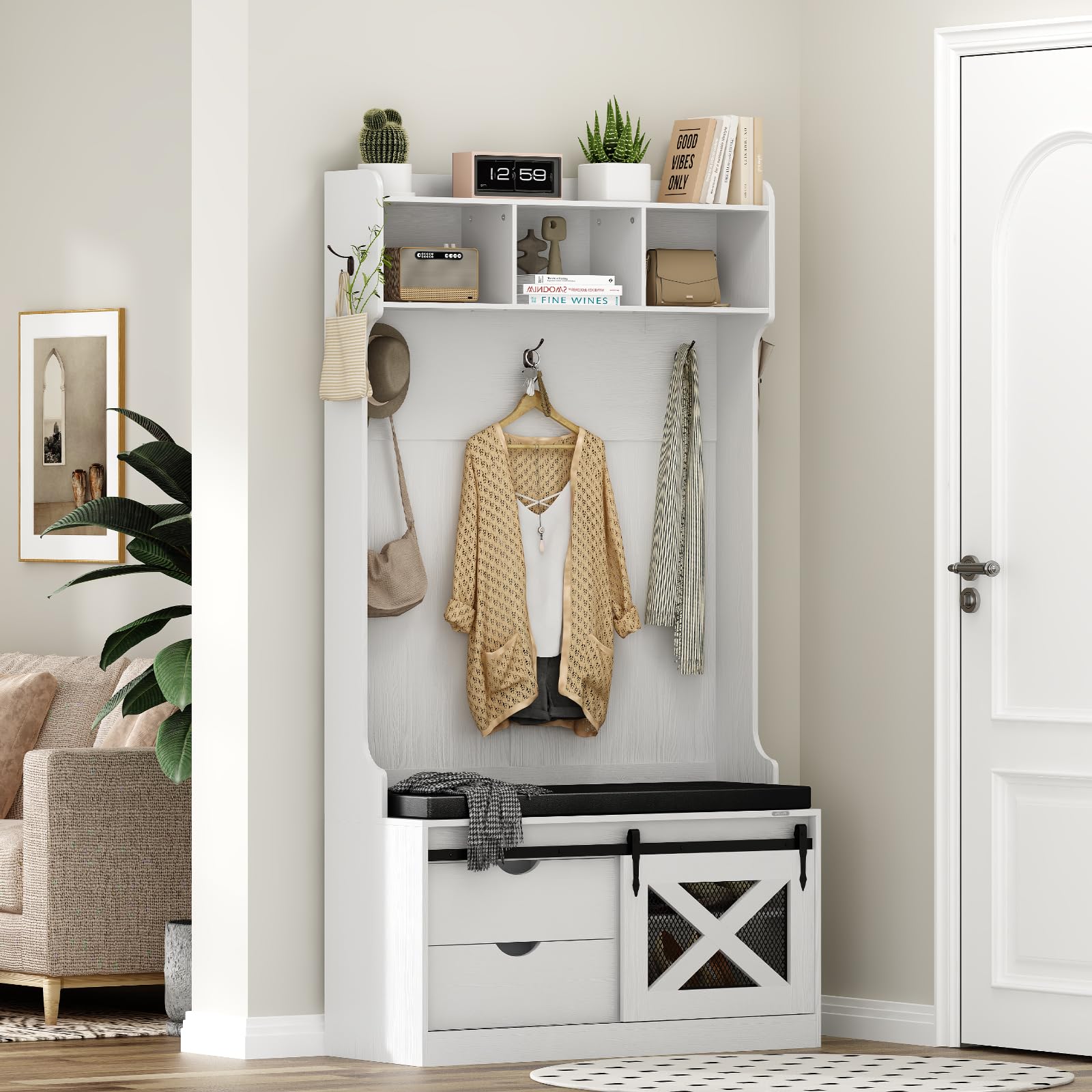 Redlife Hall Tree with Storage Bench - 6-in-1 Farmhouse Entryway Organizer with Coat Rack & Shoe Storage | Perfect for Hallway, Mudroom, Foyer & Home Entryway Organization