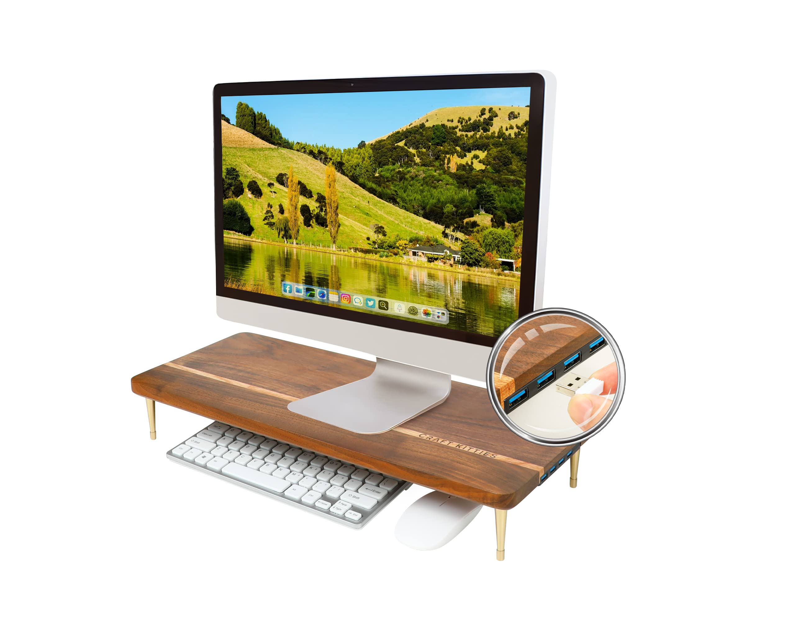 Premium Wood Monitor Stand Riser with 4 USB Ports - American Walnut Desktop Organizer & Charging Hub (20.5x8.3in) - Perfect for Computer, Mac, PC & Smartphone - Ideal for Home Office, Gaming Setup & Workspace Organization