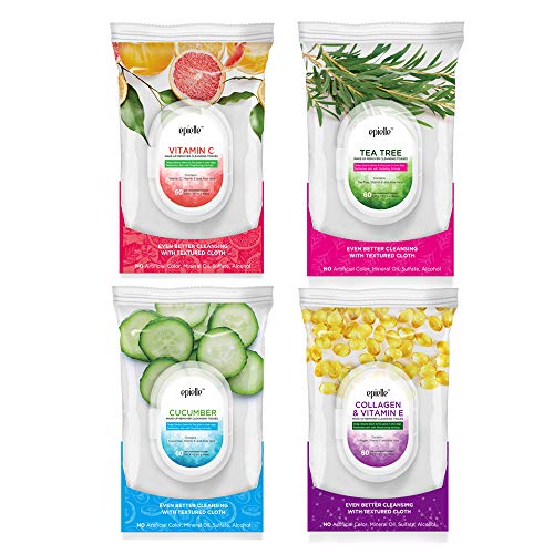 Epielle Benefit60 Facial Cleansing Wipes - Makeup Remover Tissues with Collagen, Vitamin C, Argan Oil & Cucumber (60 Sheets, 4-Pack) | Gentle for All Skin Types | Perfect for Travel, Gym & Daily Skincare Routine