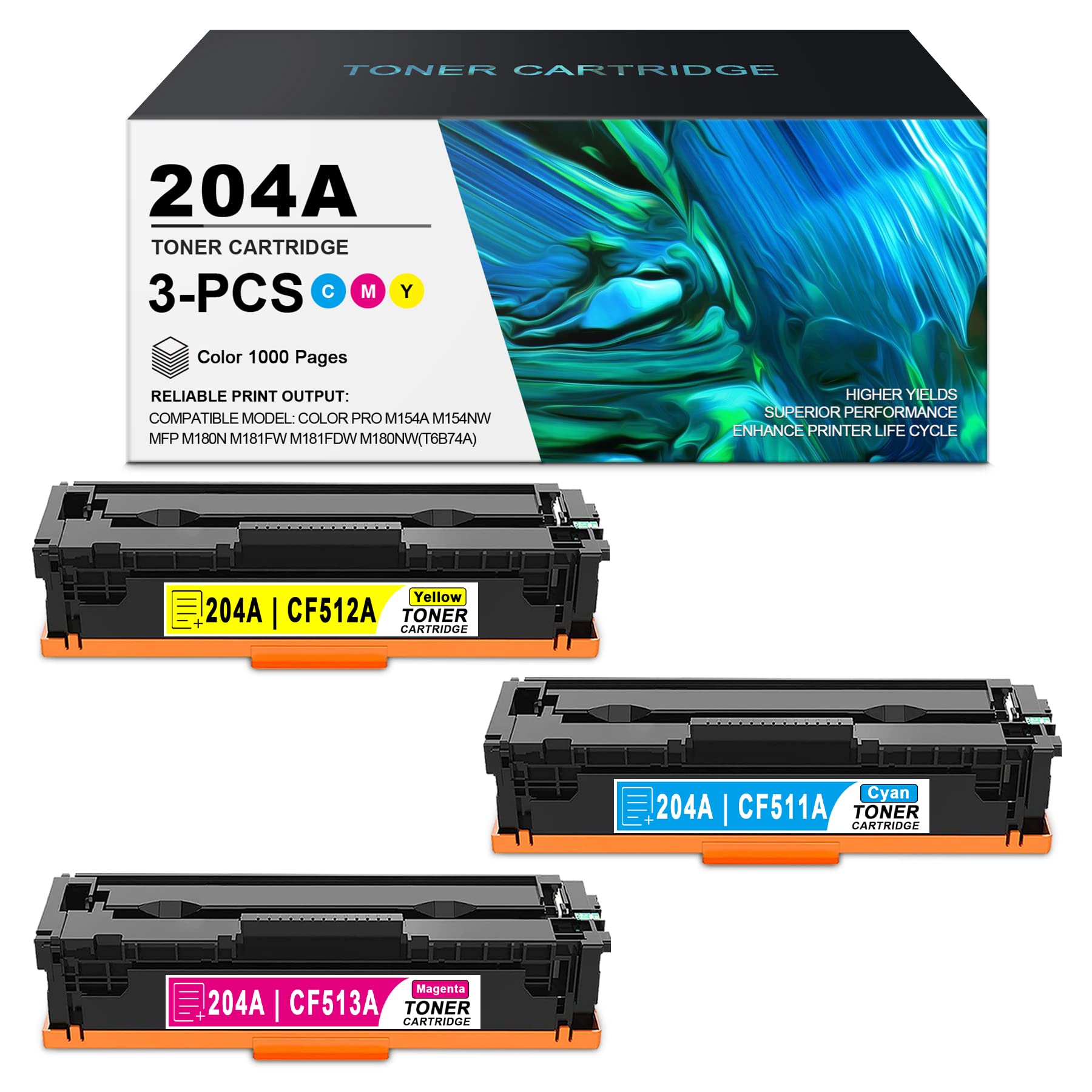 HP 204A CF511A CF513A CF512A 3-Pack Toner Cartridges - Cyan, Magenta, Yellow Replacement for HP Color Pro M154a M154nw M180n M181fw M181fdw Printers - Ideal for Home Office & Small Business Printing Needs