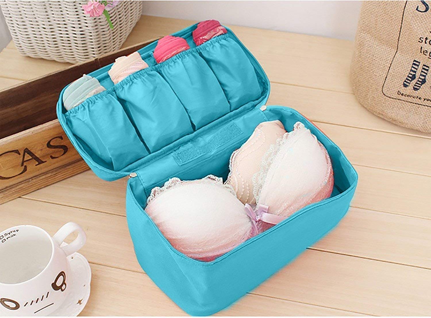 House of Quirk Portable Multifunctional Travel Organizer - Underwear, Socks & Bra Storage Bag with Cosmetic Pouch (Sky Blue) | Perfect for Travel, Camping & Home Closet Organization