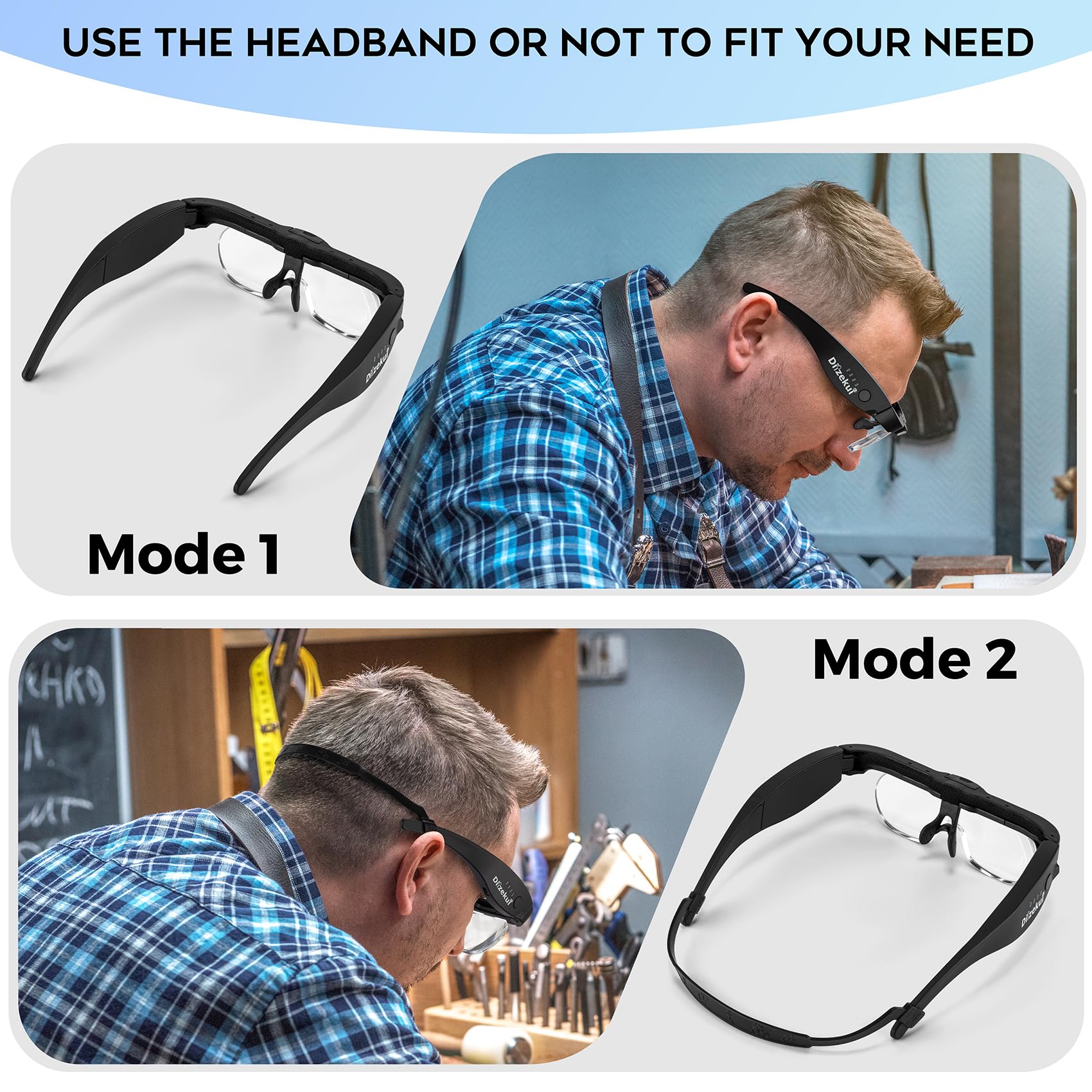 Rechargeable LED Magnifying Glasses 1.5X-5.0X with 4 Detachable Lenses - Hands-Free Head Magnifier for Reading, Jewelry Making, Watch Repair & Close Work - Ideal for Seniors, Hobbyists & Professionals