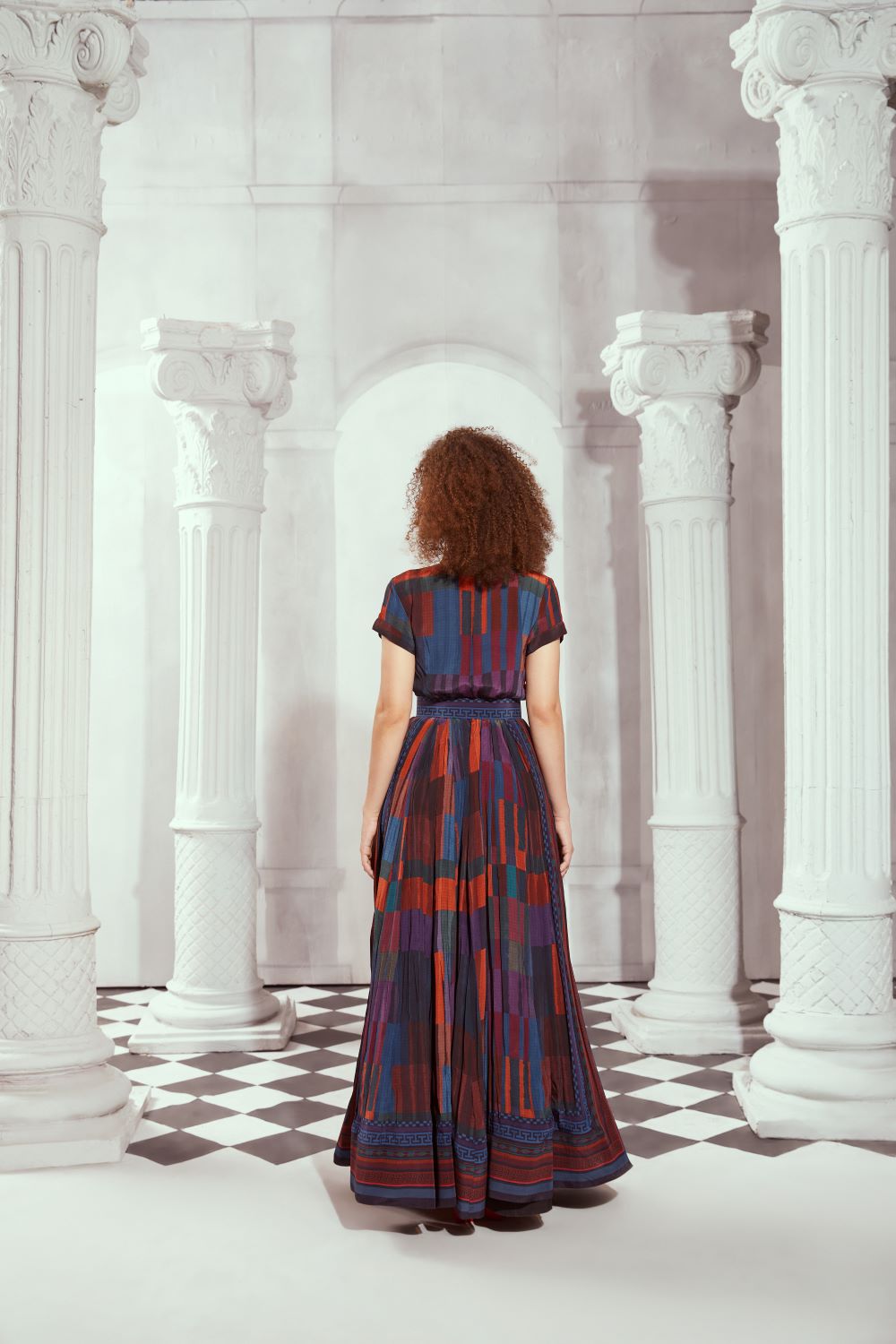 Stylish Tangerine Tile Print Long Dress with Adjustable Belt - Perfect for Summer Parties, Beach Vacations & Casual Outings