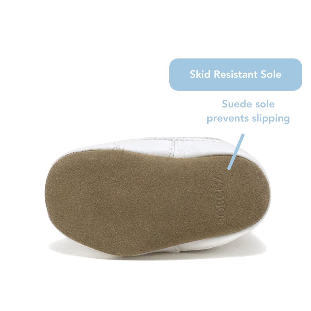 Robeez Soft Sole Baby Shoes for Boys & Girls - Non-Slip Crib Slippers for Infants 0-6 Months (Stylish Steve Grey Seersucker) - Perfect for First Steps, Indoor Play & Special Occasions