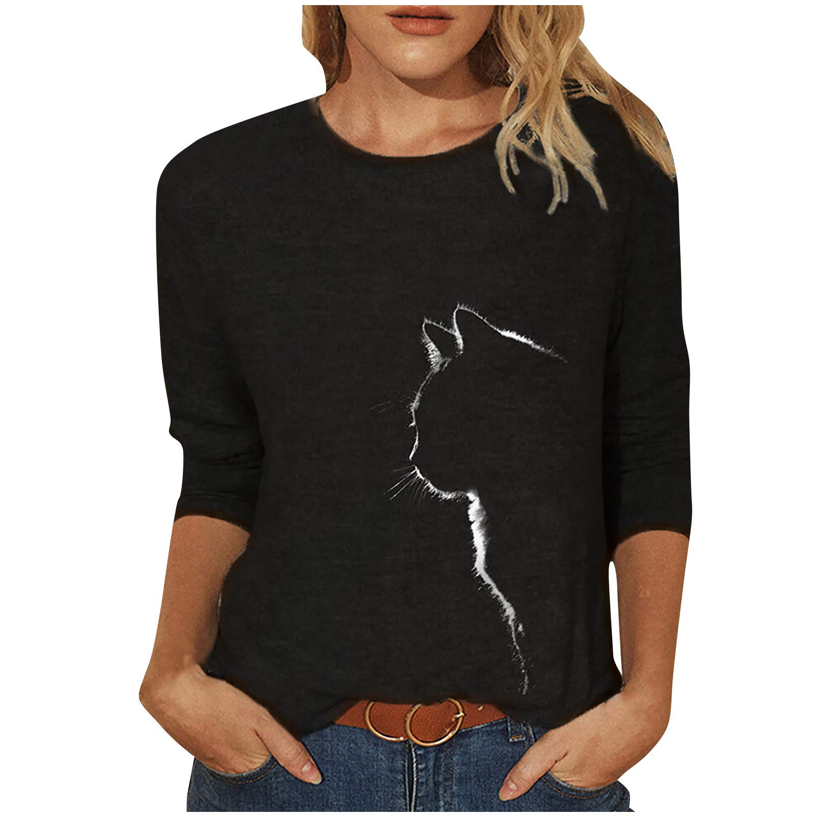 HUANKD Women's Long Sleeve T-Shirt - Loose Fit Cat Print Casual Blouse for Autumn Winter | Comfortable White Top for Work, Dating & Daily Wear