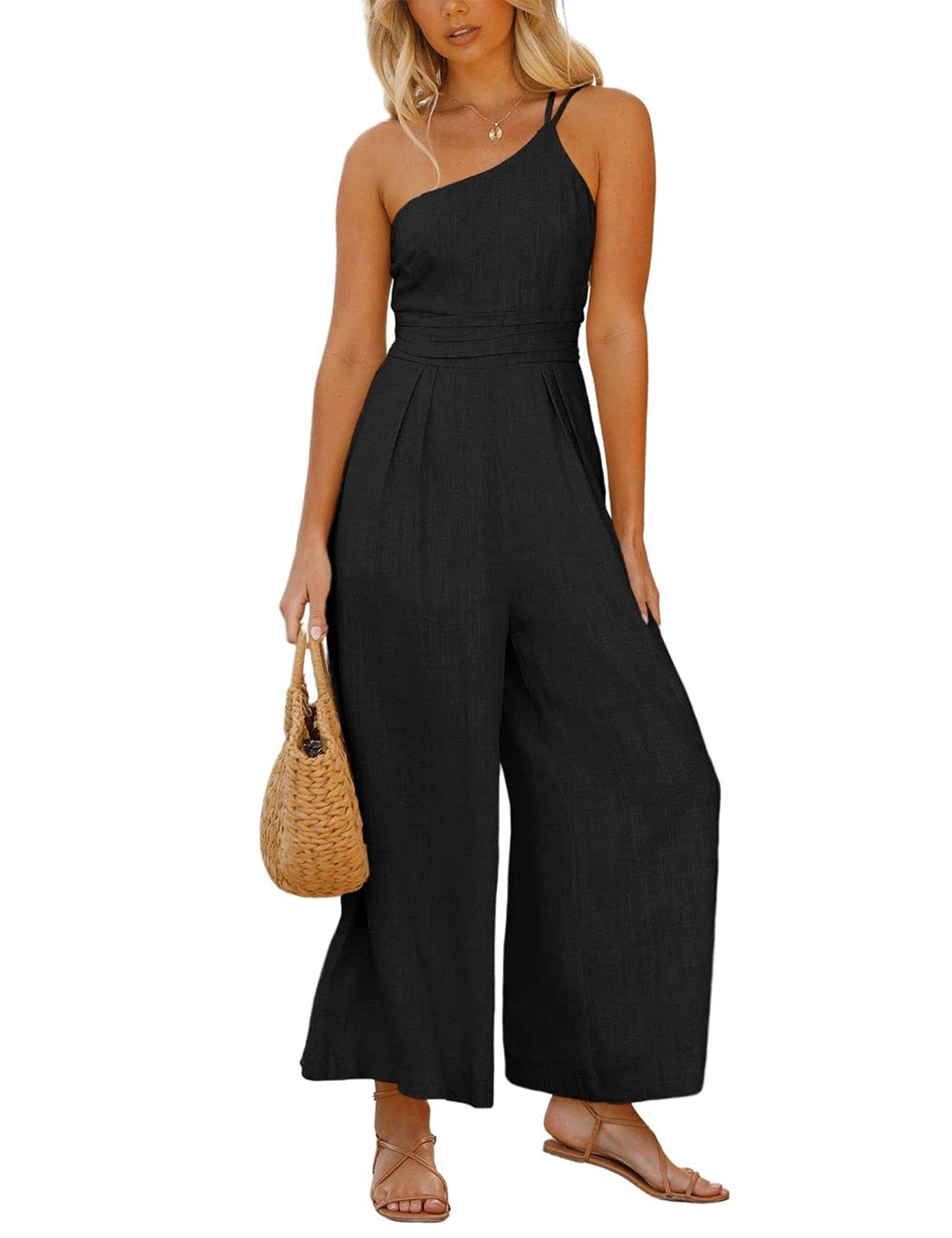 Elegant One Shoulder Jumpsuit for Women - High Waisted Wide Leg Romper with Pockets | Party Outfit, Club Wear, Evening Dress, Special Occasion Fashion