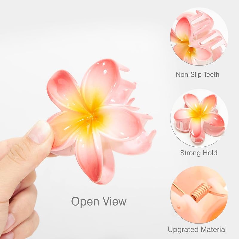 FAMEZA 4-Pack Large Flower Hair Claw Clips for Thick Hair - 3.3 Inch Strong Hold Non-Slip Plumeria Hair Clips - Beach, Summer, and Everyday Hair Accessories (Multicolor)