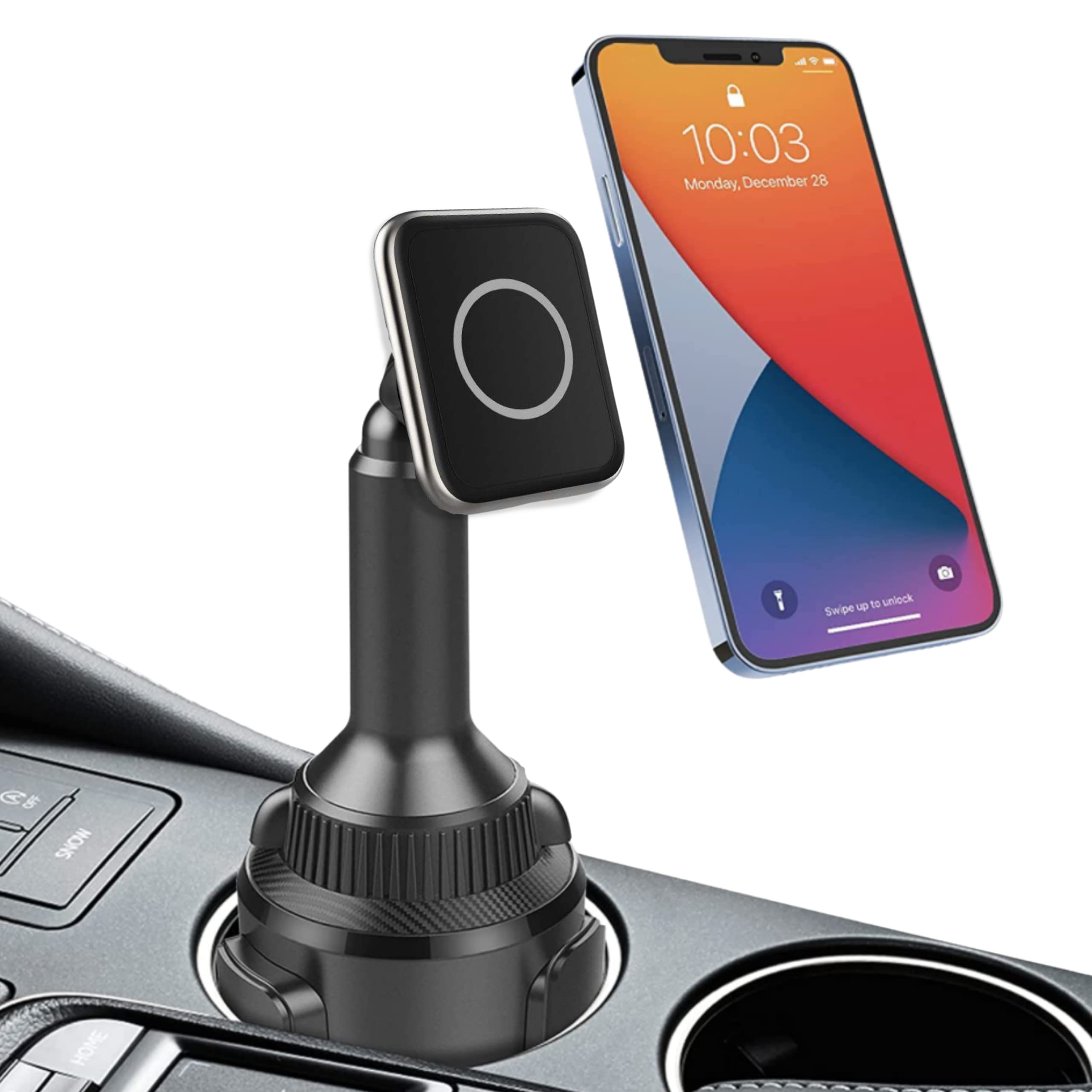 MagSafe Car Cup Holder Mount for iPhone 14/13/12 - 15W Fast Wireless Charger with Adjustable Arm & 360° Rotation | Compatible with Most Vehicles | Perfect for Road Trips, Commuting & Hands-Free Charging While Driving - Black