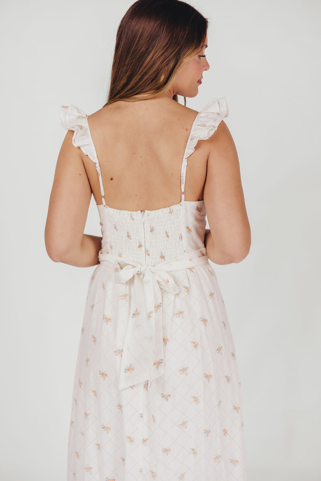 Rosamund Bustier Style Maxi Dress - White & Orange Floral Print, Plus Size (S-XL) | Elegant Summer Wedding Guest Dress, Beach Cover Up & Boho Party Outfit