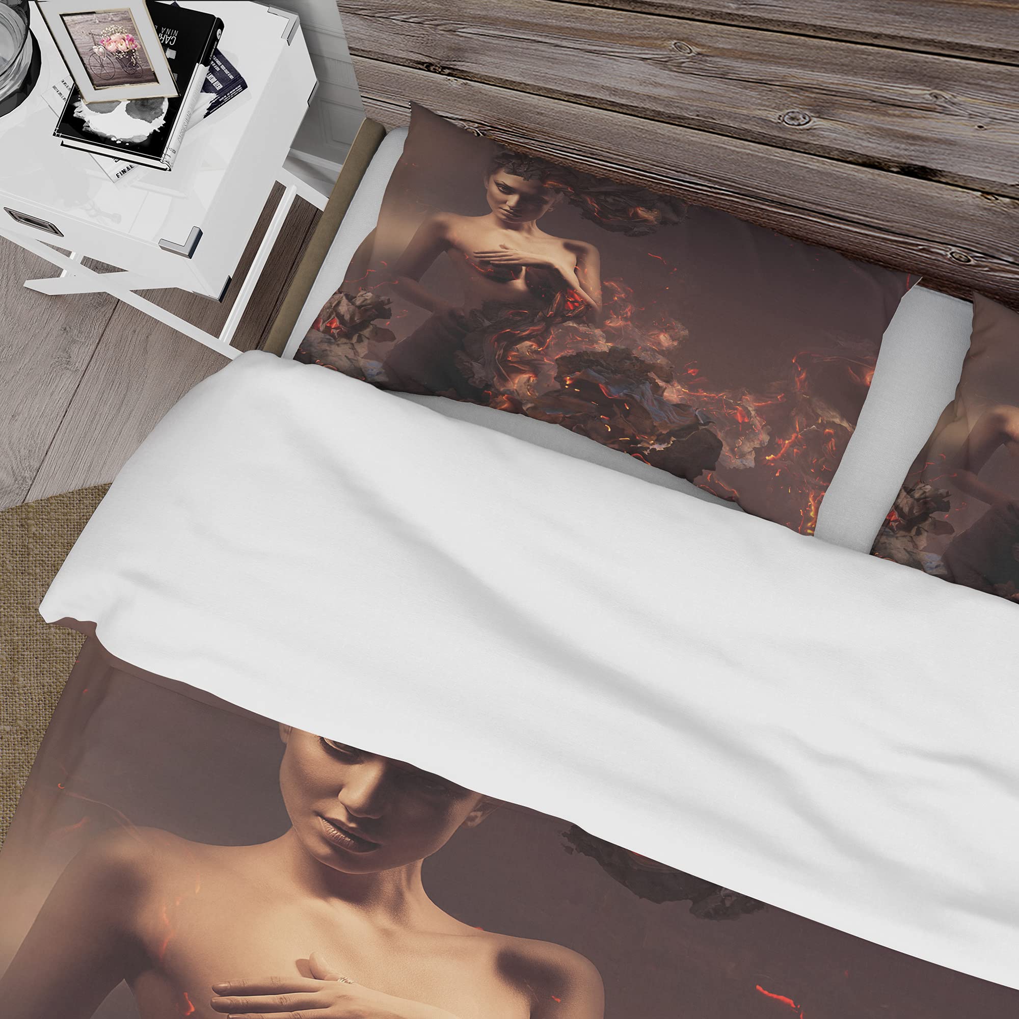 DesignQ Modern & Contemporary Brown Duvet Cover Set Queen - 3 Piece Romantic Bedding with Nude Woman in Burning Ashes Art - All Season Comfort for Master Bedroom & Guest Room