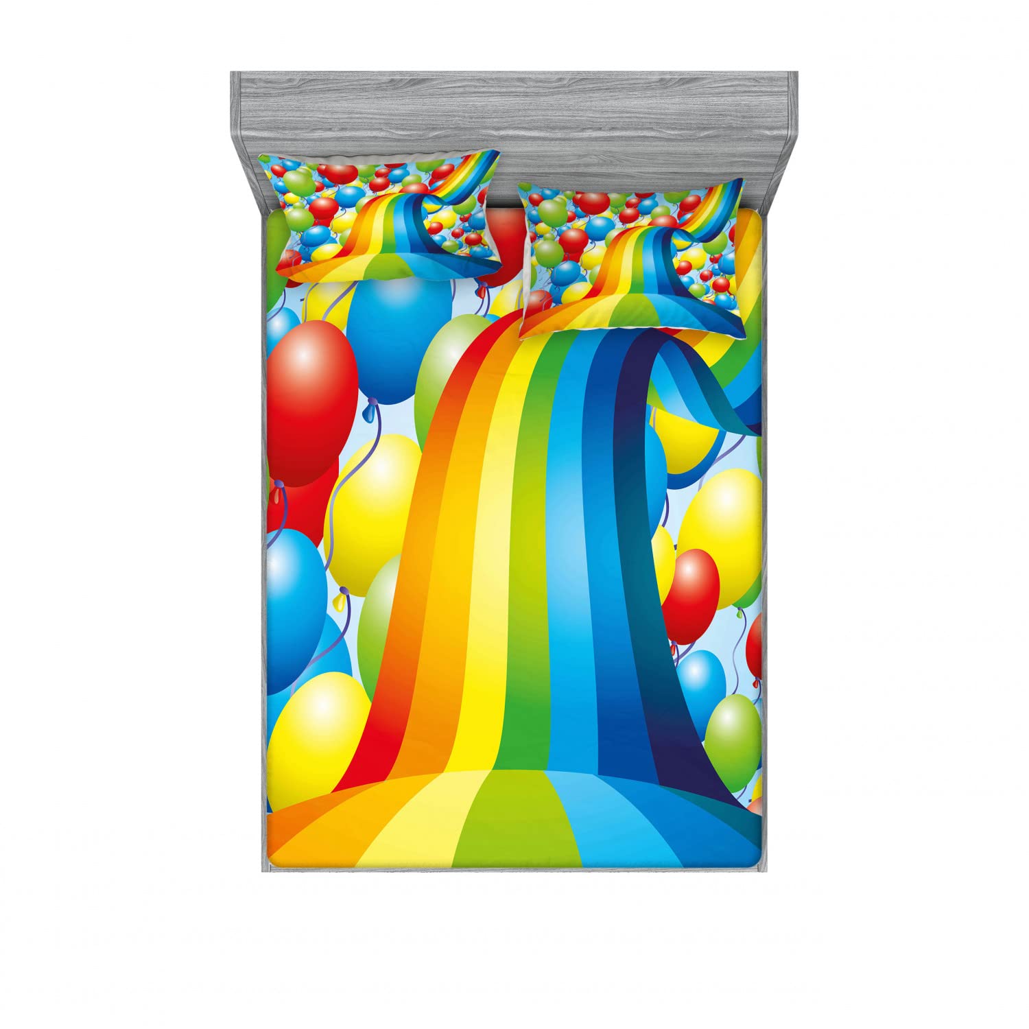 Ambesonne Rainbow Balloons Ribbons Wavy 4-Piece Queen Bedding Set - 2 Fitted Sheets & 4 Pillow Shams, Vibrant Multicolor Decor for Guest Rooms, Kids Bedrooms & Dorm Essentials