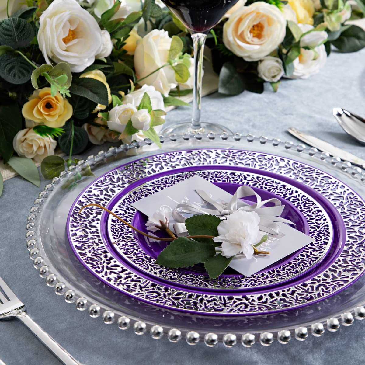 150-Piece Purple & Silver Plastic Dinnerware Set - 30 Plates (10.25