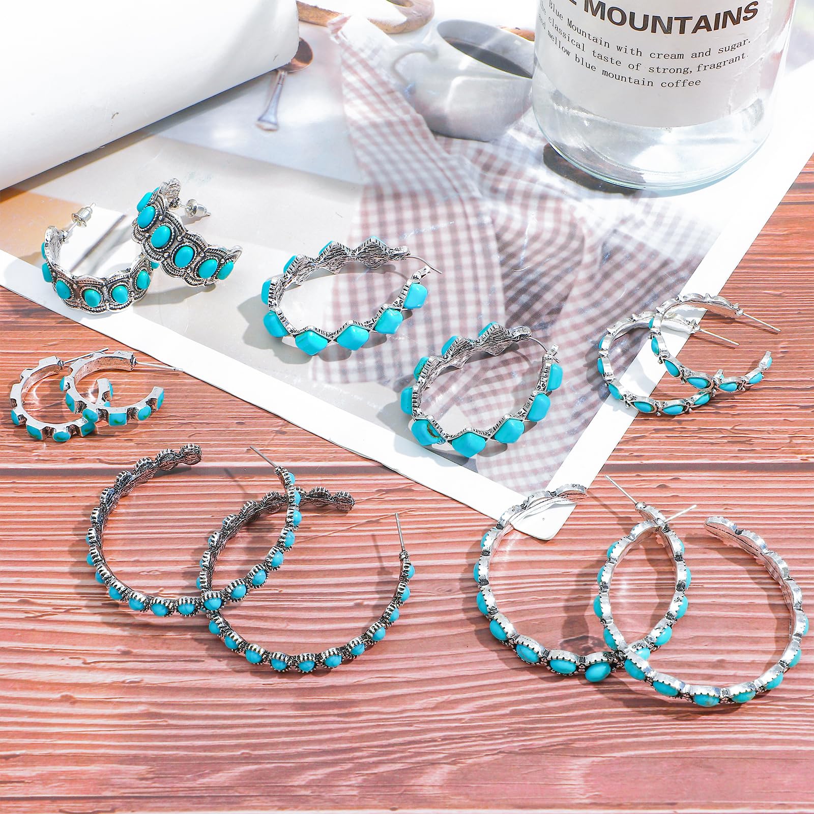 NEWITIN 6 Pairs Turquoise Hoop Earrings for Women - Hypoallergenic Bohemian Statement Jewelry, Oval Ethnic Western Earrings - Perfect for Boho Fashion, Casual Wear & Festival Outfits