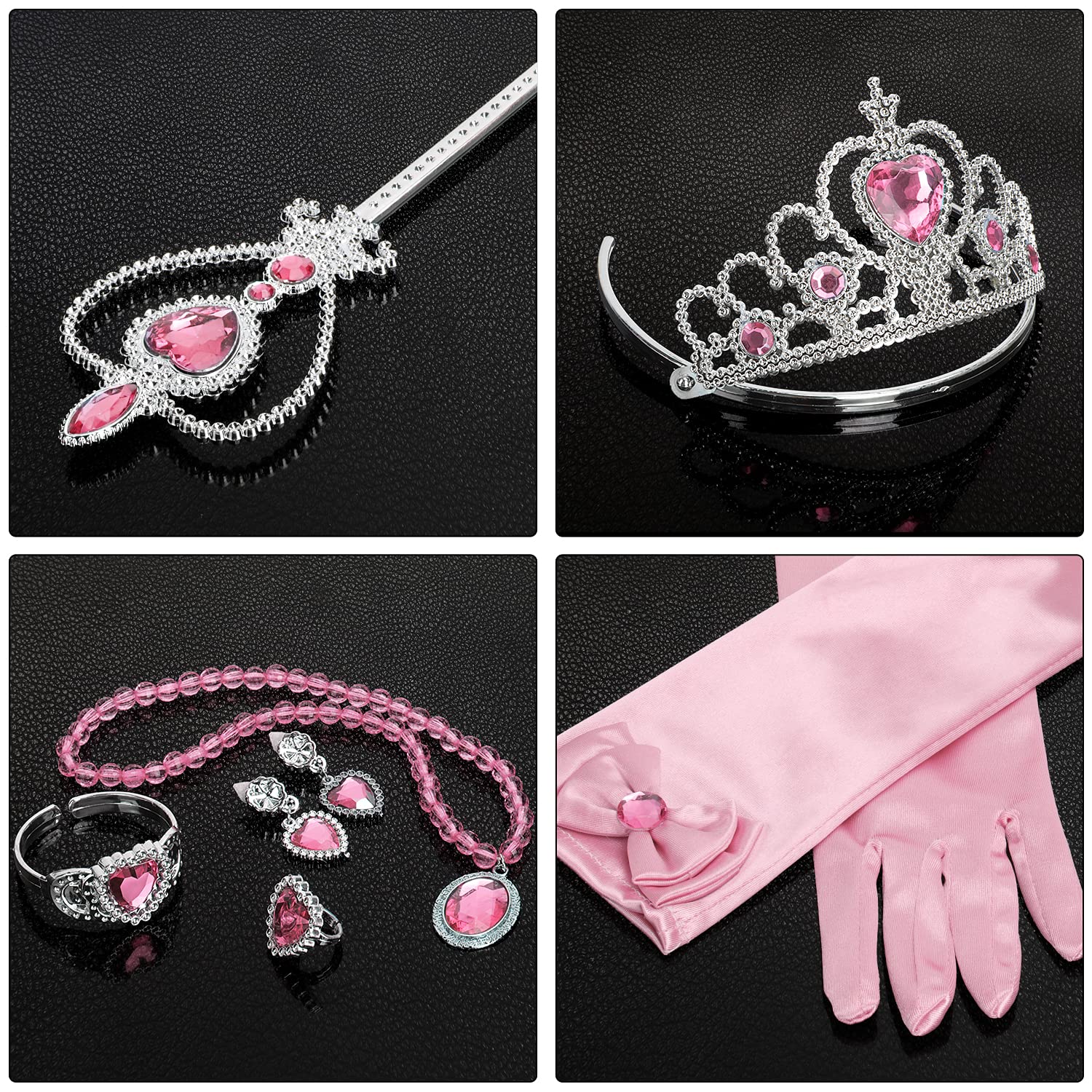 Royal Princess Dress Up Party Set - Gloves, Tiara, Magic Wand, Necklace, Earrings, Bracelet & Ring (9-Piece Pink Costume Accessories Kit) | Perfect for Birthday Parties, Halloween, Dress-Up Play & Themed Events