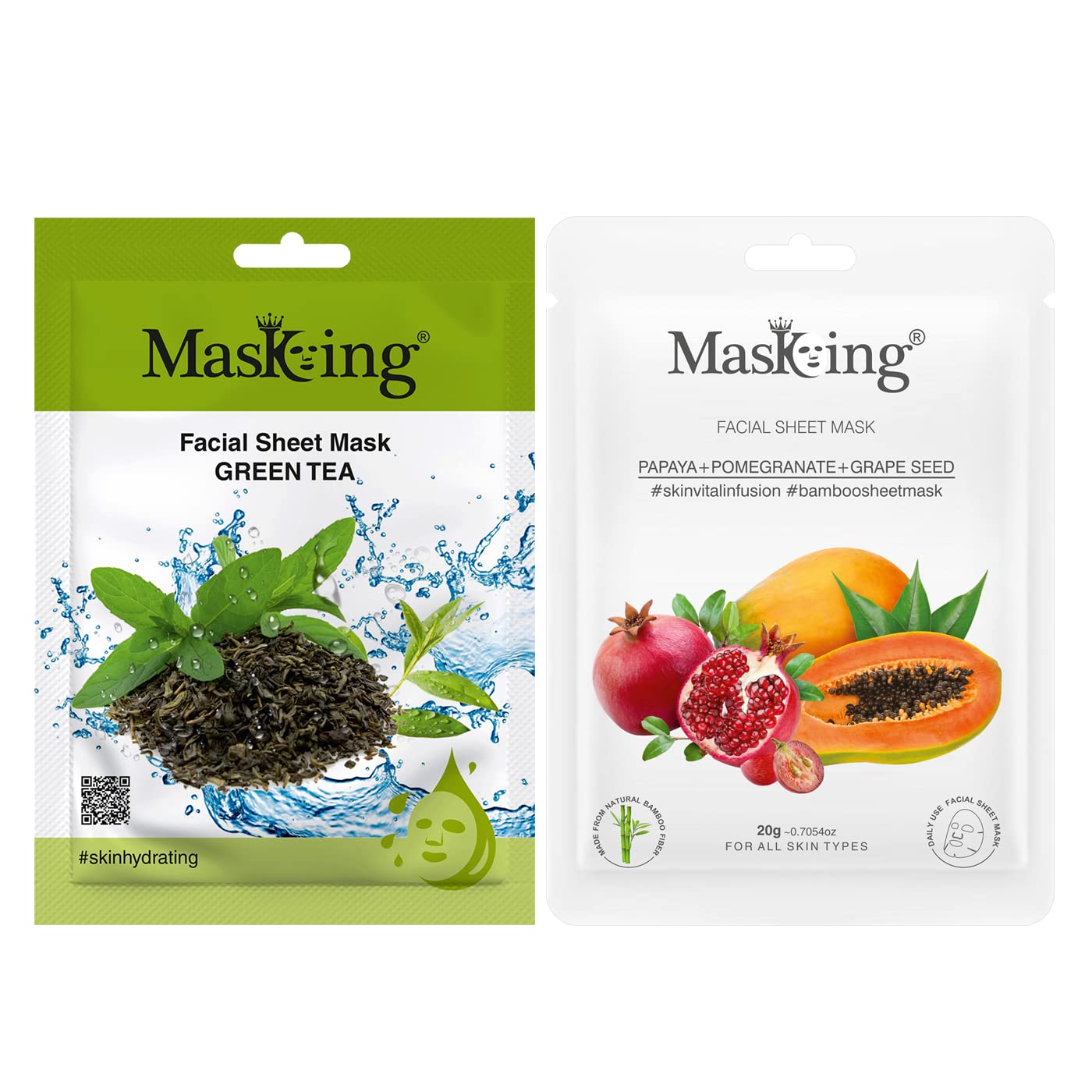 Green Tea & Bamboo Facial Sheet Mask Set (20g Each) - Papaya, Pomegranate, Grape Seed Extract - Hydrating & Brightening for Women & Men - Perfect for Spa Day, Self-Care Routine & Gift Giving (2-Pack)