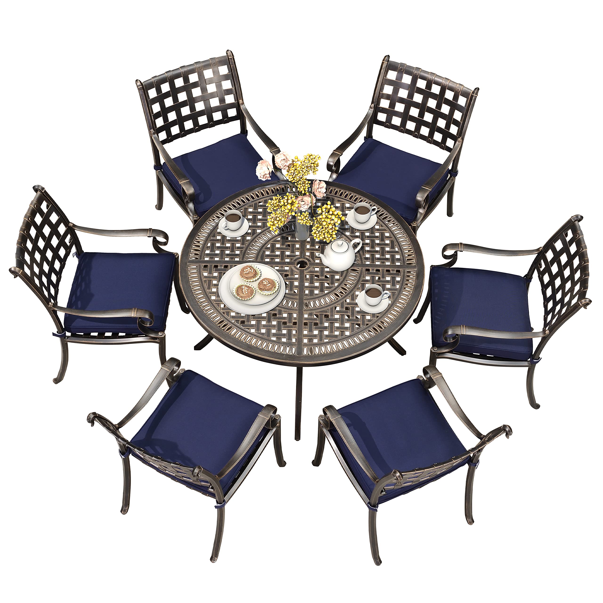 PURPLE LEAF 7-Piece Outdoor Dining Set - Cast Aluminum Patio Furniture with 6 Armchairs & 47