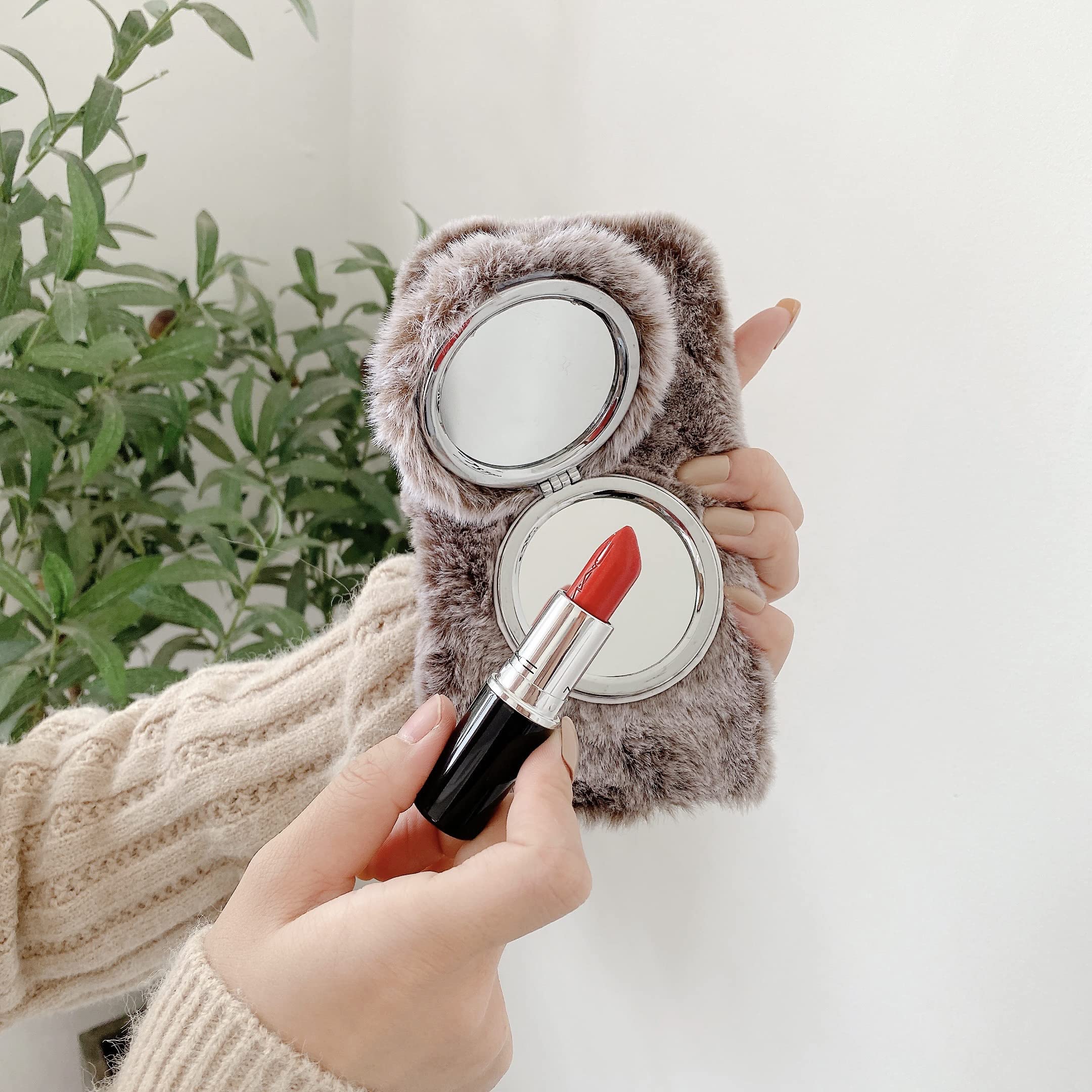 **Omio iPhone 12 Pro Max Case - Plush Fluffy Furry Cover with Detachable Makeup Mirror, Glitter Rhinestone Design, Winter Warm Cute Phone Case for Women & Girls - Perfect for Daily Use, Travel, and Gift Giving**