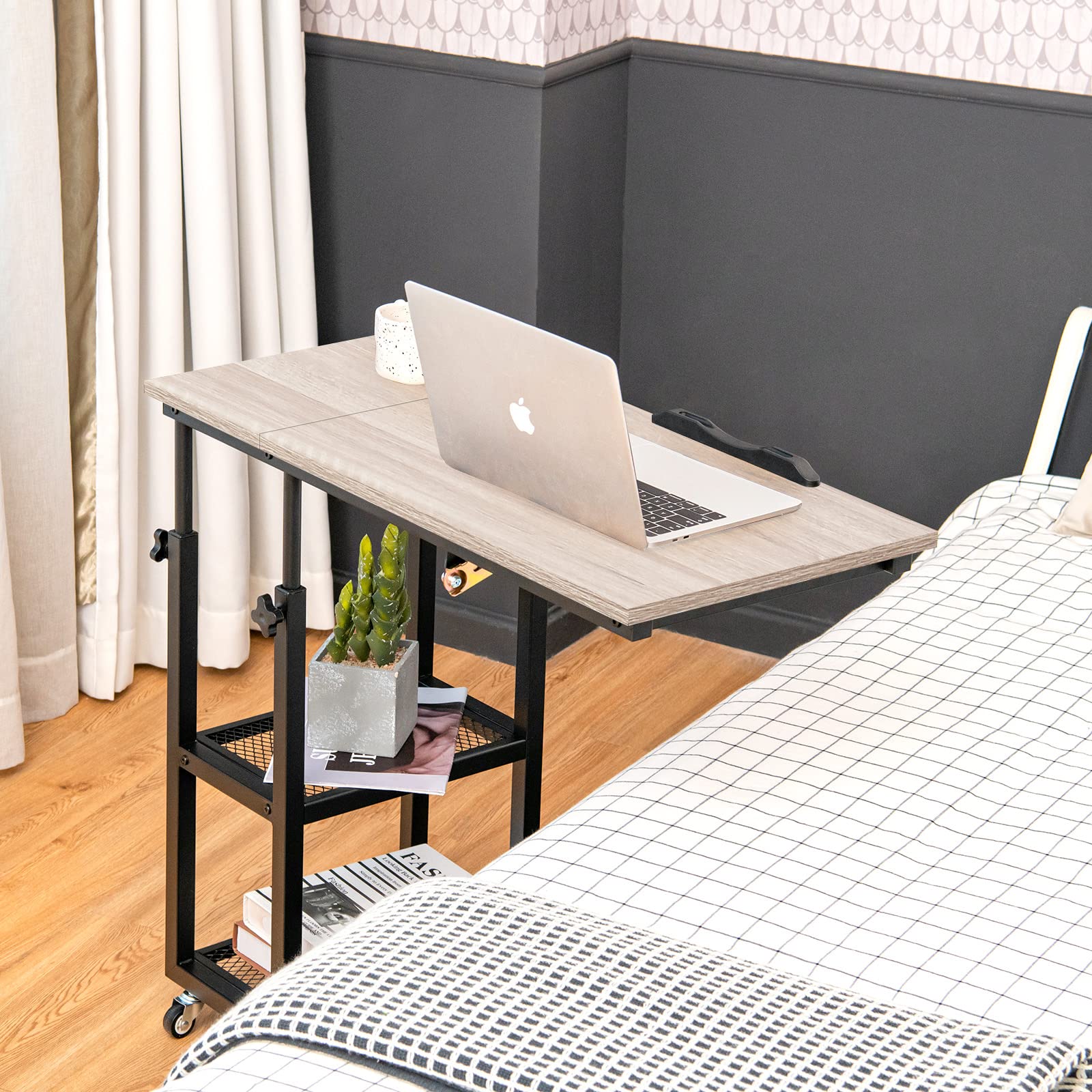 Tangkula Adjustable Height C-Shaped End Table with Lockable Wheels - Mobile Sofa Desk, Tiltable Tabletop, Storage Shelves - Perfect for Living Room, Bedside, Office & Snack Table