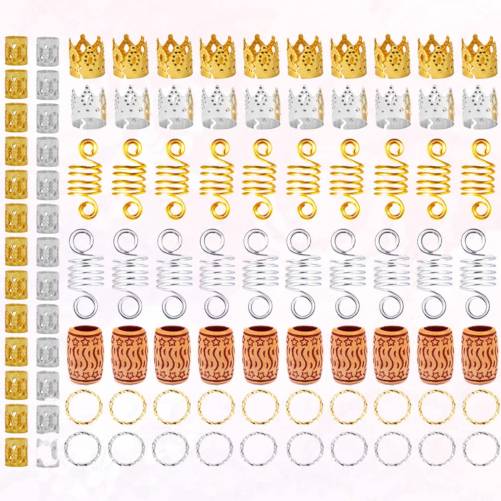 KALLORY 140pcs Gold Hair Braid Clips & Rings - Dreadlock Cuffs, Hair Charms & Beads for Dreadlocks - Fabric Beads Accessories for Weaving & Knitting (Perfect for Boho Hairstyles & Festival Looks)