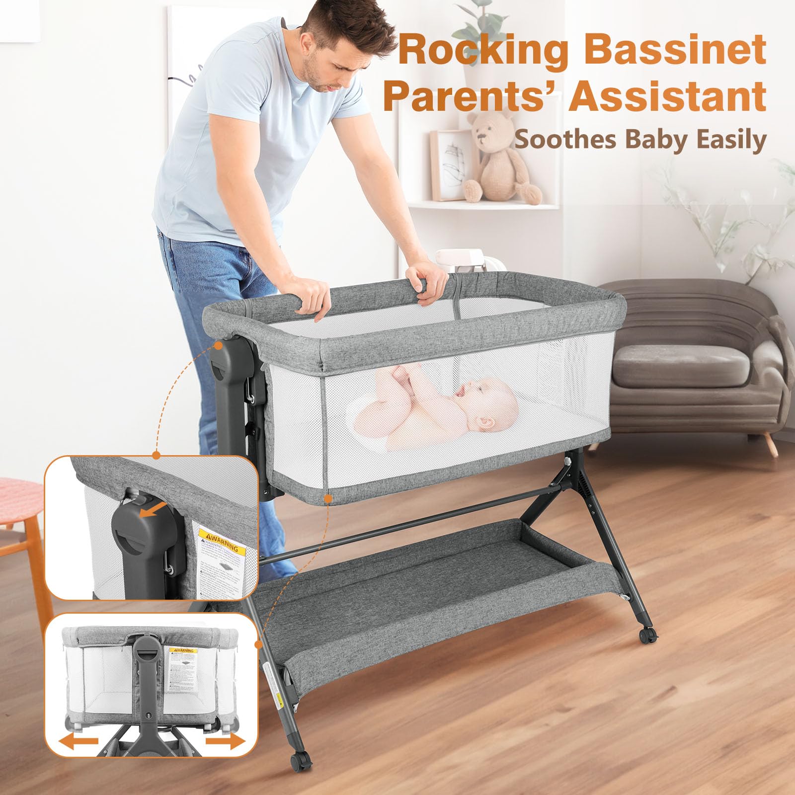 3-in-1 Baby Bassinet with Adjustable Height & Breathable Mesh - Portable Bedside Sleeper, Rocking Crib with Comfortable Mattress - Easy Assembly, Quiet Rolling Wheels for Nursery (Grey, 0-5 Months) - Perfect for Newborns, Nighttime Feeding & Co-Sleeping