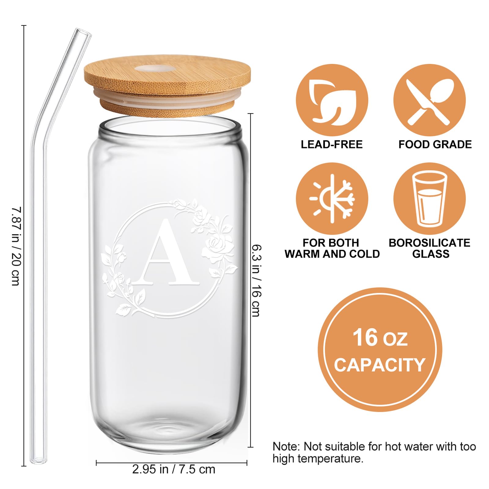 Personalized Monogrammed Initial Glass Cup - 16oz Beer Can Shaped Glass with Lid & Straw - Custom Birthday Christmas Gifts for Women - Perfect for Iced Coffee, Cocktails & Home Bar Decor