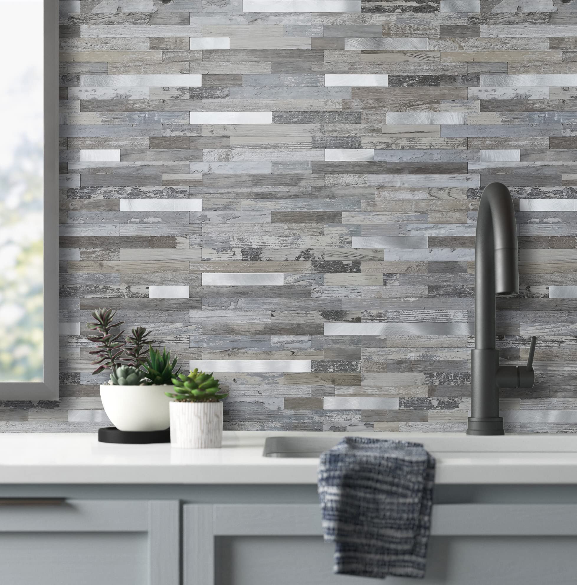 AULIGET 20 Sheets Peel and Stick Backsplash - Distressed Wood Look PVC Wall Tiles - Self Adhesive Kitchen Backsplash for Easy Installation - Perfect for Kitchen, Bathroom, Laundry Room & RV Remodeling