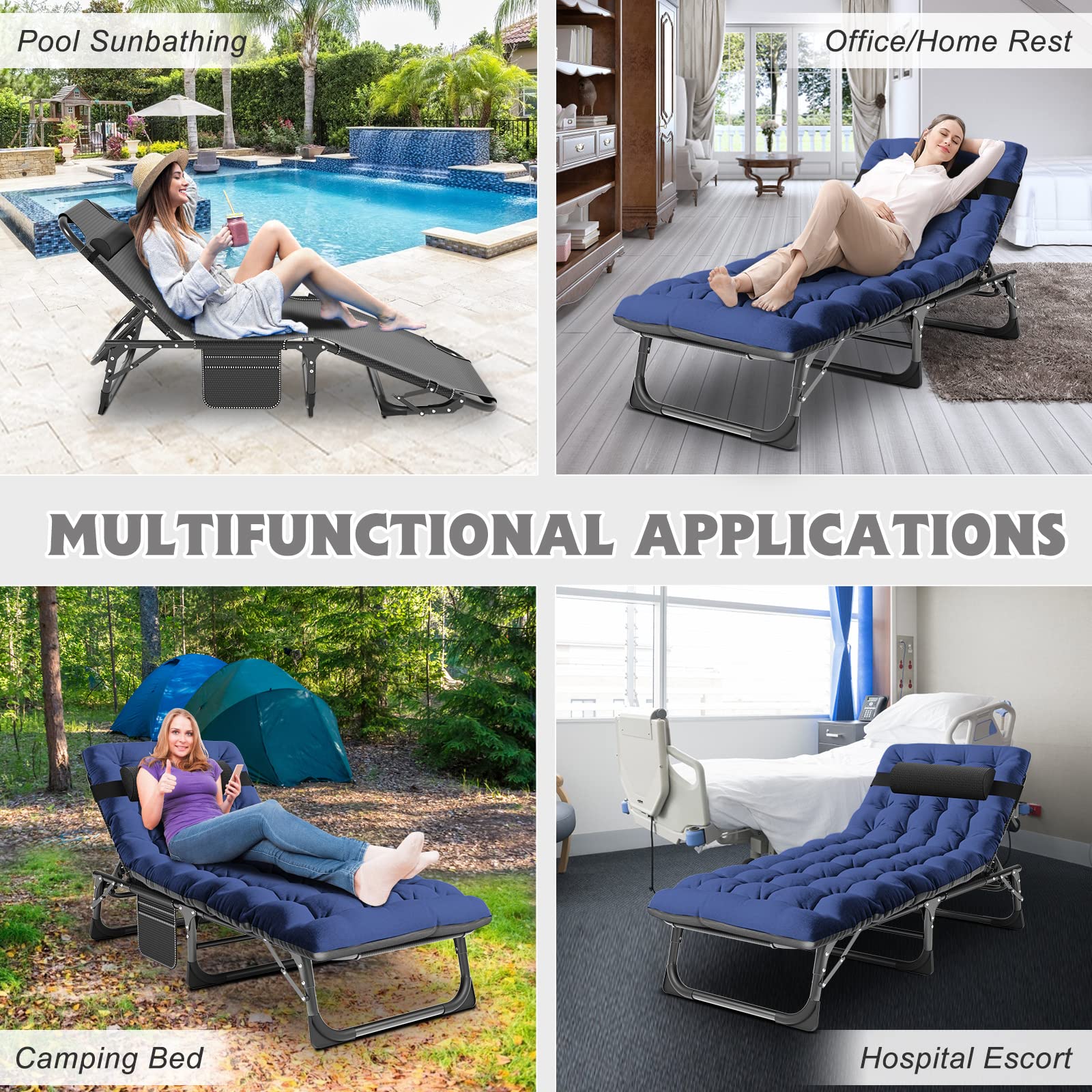 ABORON 5-Position Adjustable Camping Cot for Adults - Portable Folding Sleeping Cot & Outdoor Lounge Chair with Pillow - Perfect for Beach, Poolside, Lawn, Backyard, Camping & Sunbathing
