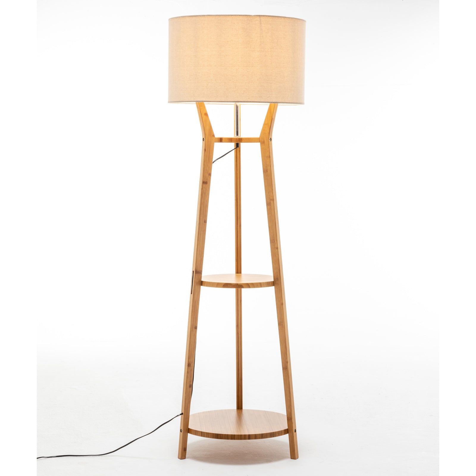 168cm Tall Modern Bamboo Wooden Tripod Floor Lamp with Linen Shade and Shelves - Perfect for Living Room, Bedroom, or Office Lighting Decor