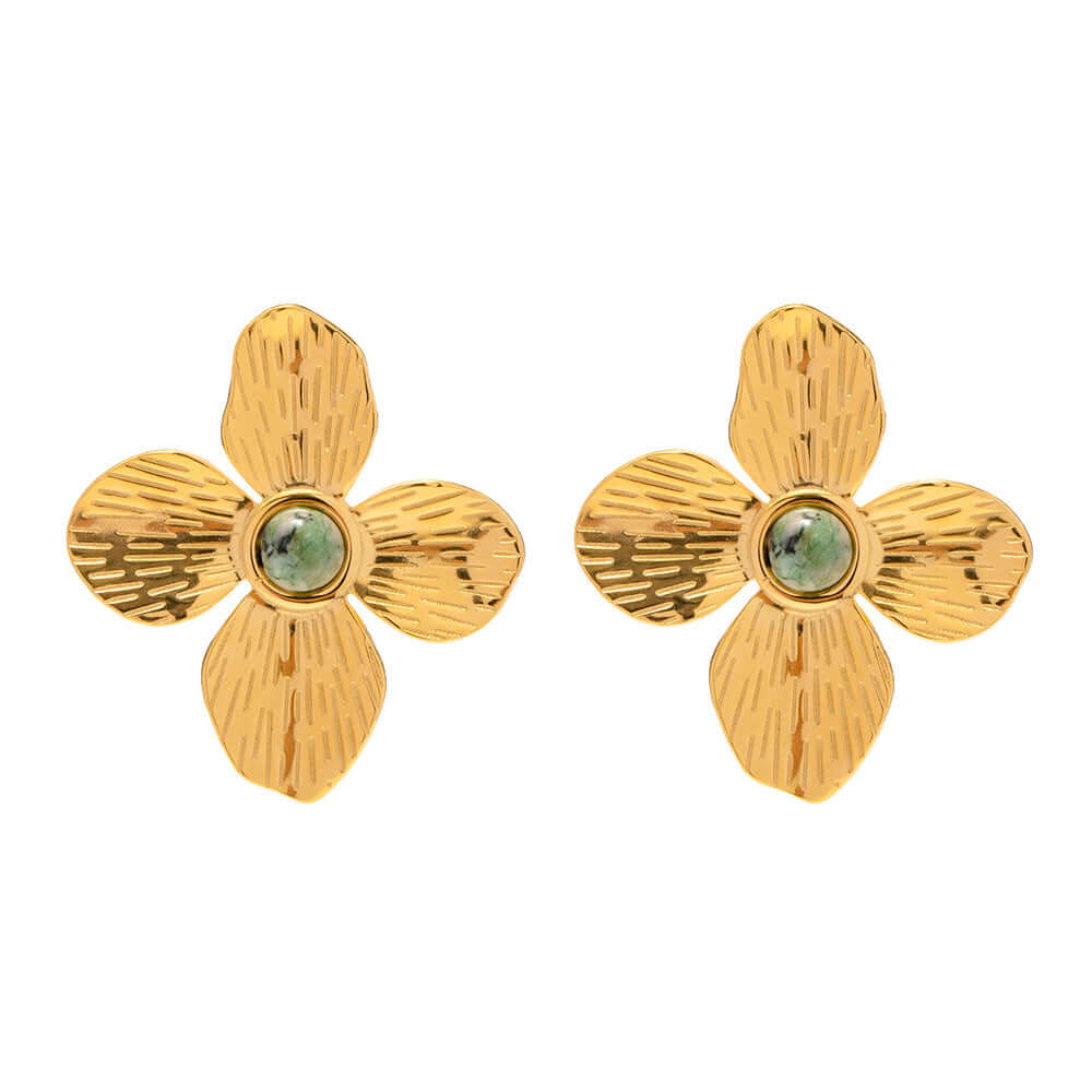 18K Gold Floral Turquoise Stud Earrings - Natural Stone Dainty Jewelry for Women | Perfect for Weddings, Parties & Everyday Elegance (JDE052)