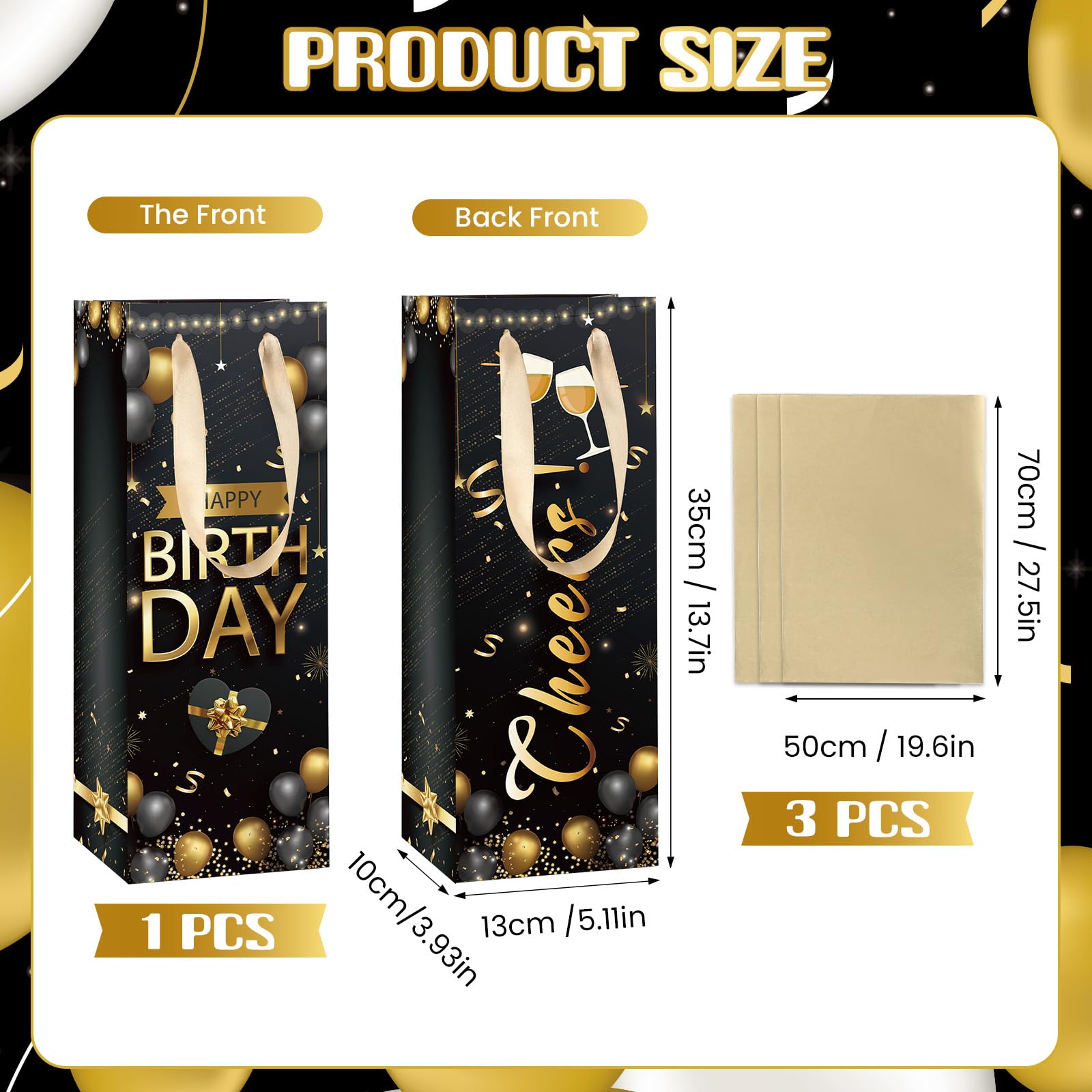 Elegant Gold & Black Wine Gift Bag with Tissue Paper & Handle - Perfect Birthday, Anniversary Party Favors & Decorations for Women & Men - Ideal for Wine Bottles, Liquor Gifts & Party Supplies