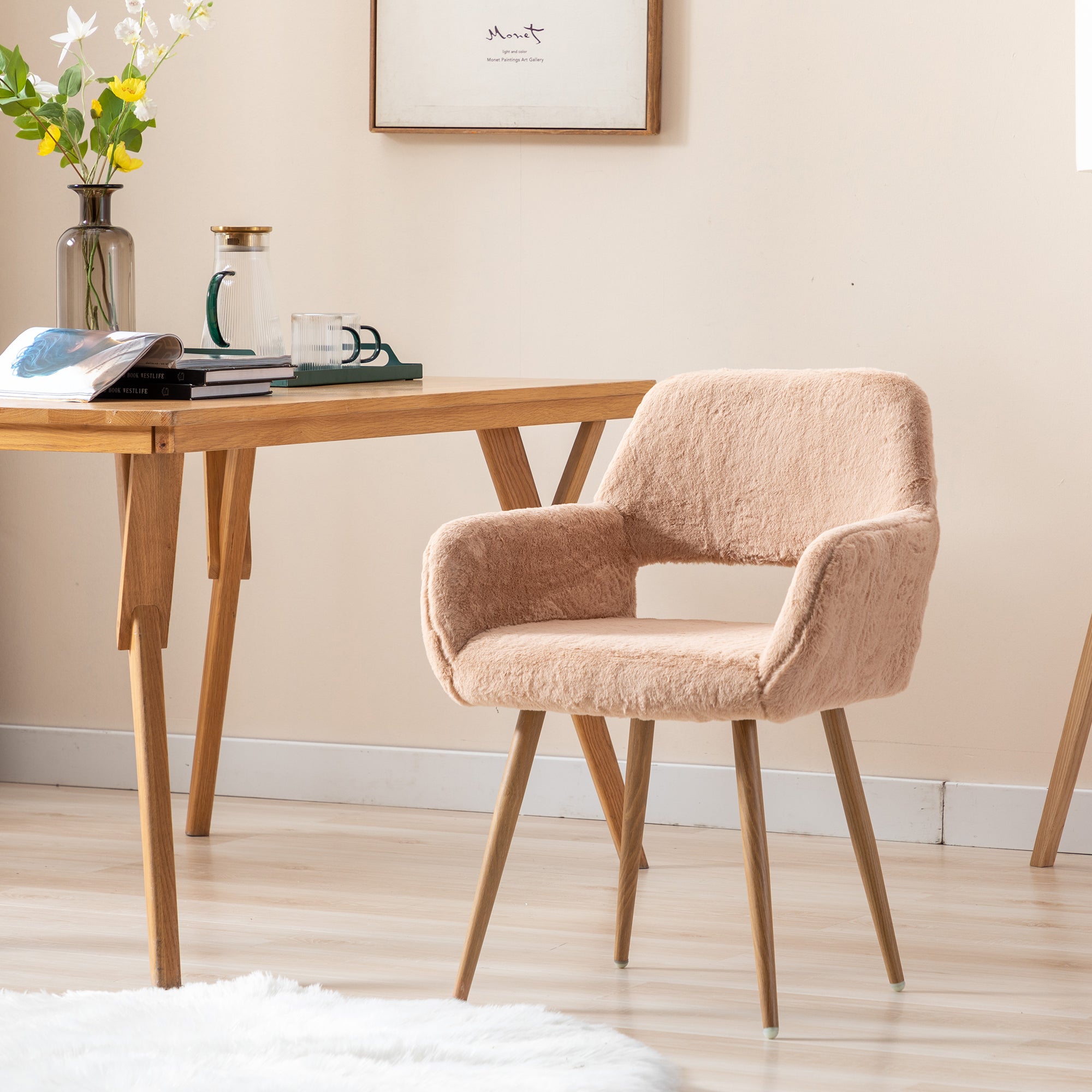 Mid Century Modern Dining Chairs with Faux Fur Upholstery & Steel Legs - Solid Painting Metal Frame for Dining Room, Kitchen, Living Room & Office - Comfortable Seating for Home Decor & Entertaining