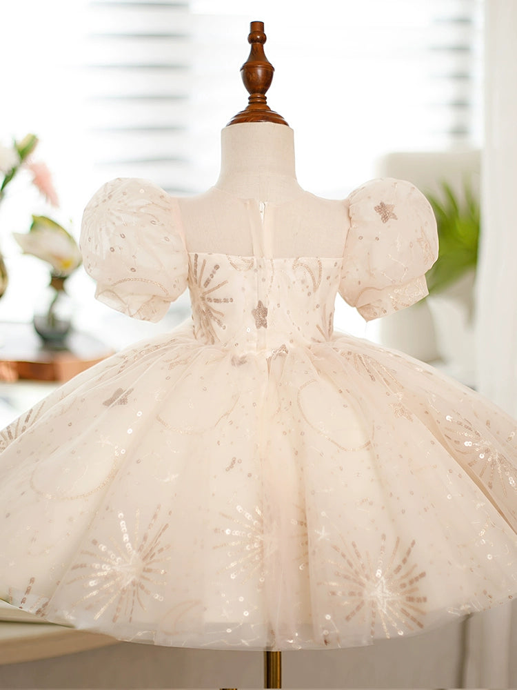 Champagne Princess Round Tea Length Sequined Flower Girl Dress for Weddings, Pageants & Special Occasions