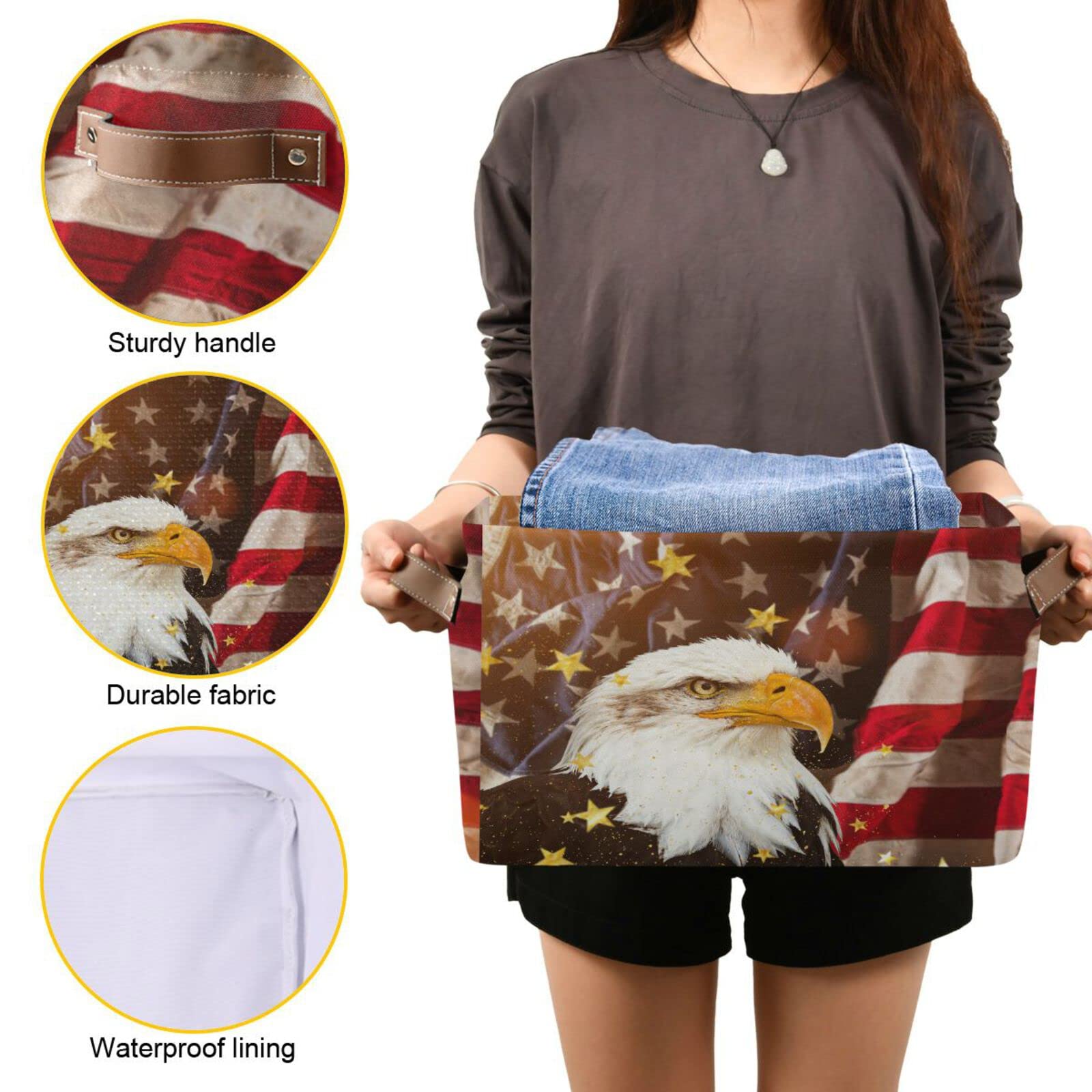 Patriotic Bald Eagle USA Flag Storage Baskets - Large Collapsible Organizer Bin with PU Handles for Closet, Nursery, Laundry (2-Pack) | Perfect for Memorial Day Decor & Home Organization