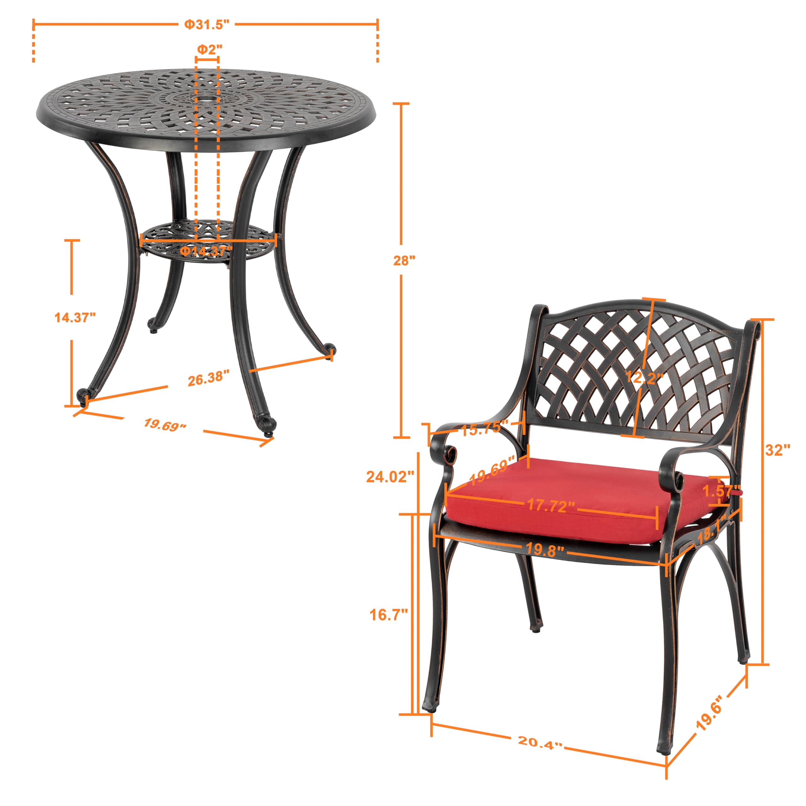 NUU GARDEN 3-Piece Outdoor Bistro Set - Cast Aluminum Patio Table & Chairs with Umbrella Hole & Red Cushions - Rustproof Black Garden Furniture for Backyard, Balcony, Front Porch - Perfect for Outdoor Dining, Relaxing & Entertaining