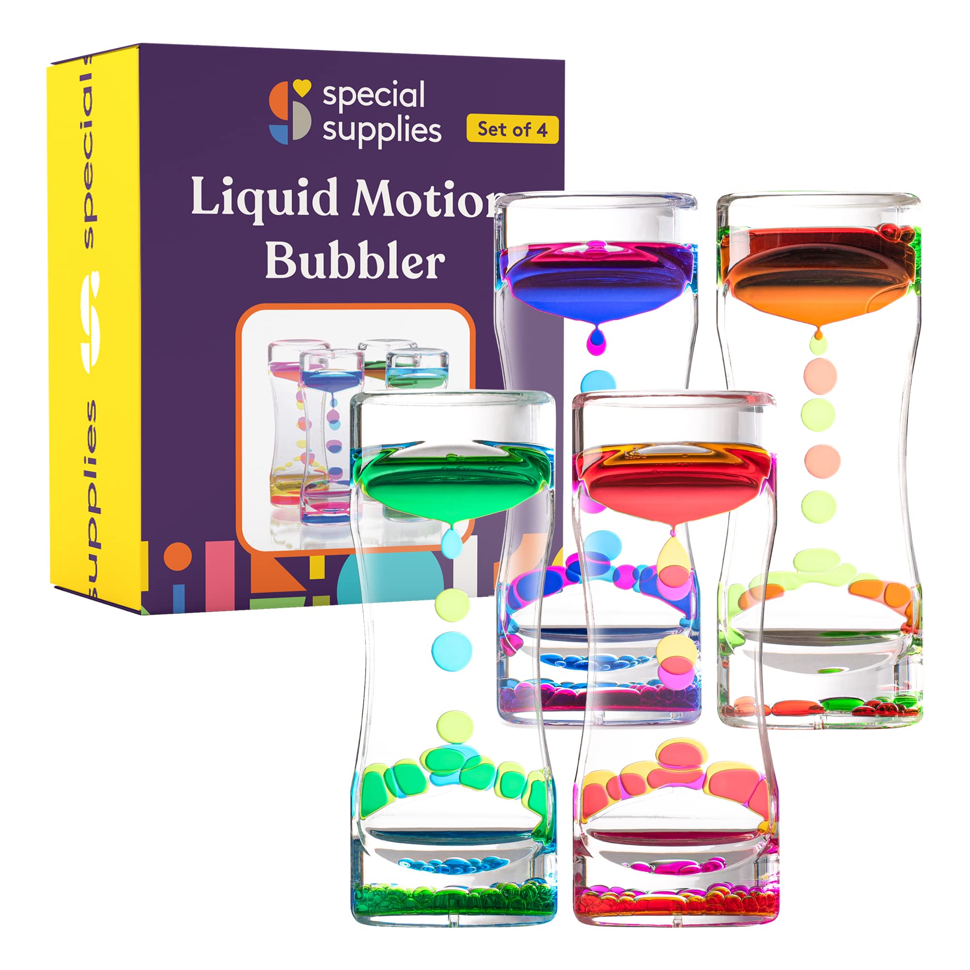 Colorful Liquid Motion Bubbler Toy 4-Pack - Sensory Hourglass Timer with Mesmerizing Droplet Movement for Stress Relief, Perfect for Bedroom, Kitchen, Bathroom, Office Desk Decor & Relaxation Therapy